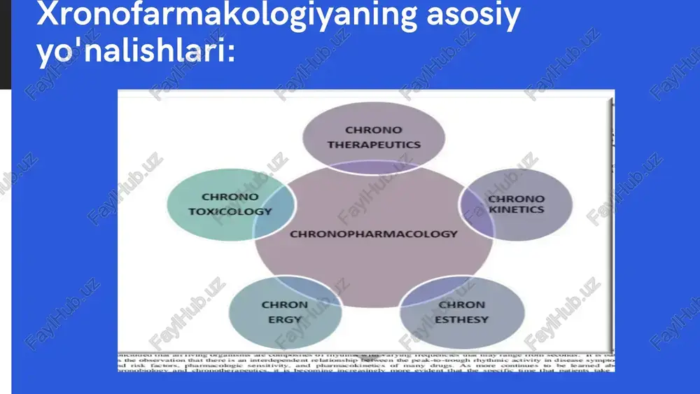 , masalan, kortizol, insulin, estrogen va progesteron kabi gormonlar ham biologik ritmlar orqali boshqariladi. ularning sekretsiyasi turli vaqt oralig'ida o'zgaradi, bu organizmning metabolizmiga va fiziologiyasiga ta'sir qiladi.dorilarga ta'siri: gormonlar bilan bog'liq kasalliklarni davolashda dorilarni qabul qilish vaqtini hisobga olish muhimdir. masalan, kortizol darajasi ertalab yuqori bo'ladi, shuning uchun kortizolni nazorat qilish uchun dorilarni ertalab qabul qilish tavsiya etiladi. shuningdek, estrogen yoki progesteron kabi jinsiy gormonlarni qabul qilish vaqtini menstrüel tsiklga mos ravishda belgilash kerak. 6. metabolik ritmlar:tavsif: metabolizmning turli fazalari ham vaqtga bog'liq bo'lib, ular ovqat hazm qilish, energiya sarfi va moddalarning metabolizmiga ta'sir qiladi. odatda, organizmning metabolizmi ertalab faolroq bo'ladi, kechqurun esa sekinlashadi.dorilarga ta'siri: dorilarning metabolizmi ham vaqtga qarab o'zgaradi. masalan, ba'zi dorilar ertalab yaxshiroq so'riladi, chunki oshqozon kislotasi darajasi yuqori bo'ladi, bu esa dorilarning tez yutilishini ta'minlaydi. ii.dori vositalarining qabul qilish va metabolizmi organizmdagi biokimyoviy jarayonlar bilan chambarchas bog'liq bo'lib, ular organizmga dorining ta'sirini belgilaydi. quyida dori vositalarining …