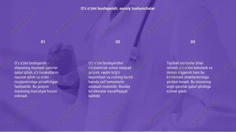 ri xulosa chiqarish o‘sish uchun muhimdir. o‘zini tahlil qilish doimiy rivojlanish hamda o‘z imkoniyatlarini kengaytirish imkonini beradi. maqsad qo‘yish va unga erishish strategiyalari o‘z o‘zini boshqarish ko‘nikmasini rivojlantirish uchun kunlik maqsadlar qo‘yish va ularga erishish muhimdir. shu orqali inson o‘z vaqtini samarali boshqara oladi. rejalashtirish va ustuvorliklarni aniqlash orqali inson diqqatini muhim ishlariga qaratishi mumkin. bu esa samaradorlikni oshirishga va o‘zini yaxshiroq boshqarishga yordam beradi. o‘z-o‘zini rivojlantirish uchun muntazam o‘rganish va yangi bilimlar olish kerak. bu tajriba va ko‘nikmalarni oshirishga hamda muammolarni mustaqil hal qilishga yordam beradi. o‘z o‘zini rivojlantirish uchun amaliy maslahatlar e’tiboringiz uchun rahmat image1.png image2.png image3.png image4.gif image5.png image6.png image11.png