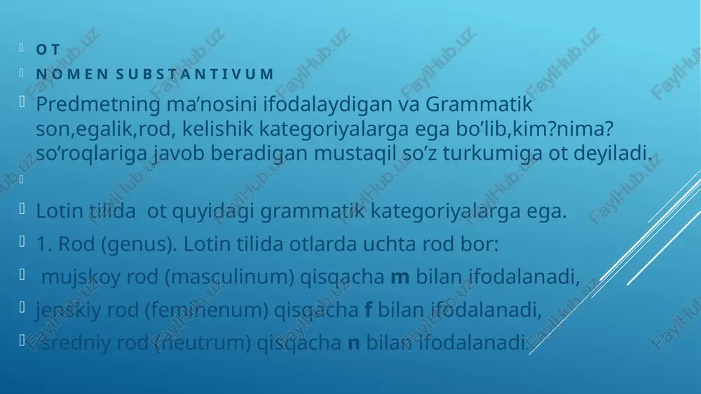 qanday ko’rsatiladi? uyga vazifa berish. boliev m.n. «lotin tili ». mavzuga oid ma’lumotlarni o’zlashtirish. 51-55 betlarni o’qish 25-mashqni yozma ish daftaringizga bajarish. mustaqil so’z turkumlarini va berilgan atamalarni yod olish. yod olish uchun berilgan atamalarni lug’at daftariga yozib oling! quyidagi atamalarni yod oling! aorta, ae f — shotomir arteria,ae,f— o‘q qon tomiri bursa, ae,f — xalta clavicula, ae, f — o‘mrov suyagi costa, ae,f — qovurg‘a caticula, ae,f — nozik polst teri fascia, ae, f — mushak pardasi fibula, ae, f — kichik boldir suyagi fossa, ae, f — chuqurcha fractura, ae,f — sinish /docprops/thumbnail.jpeg