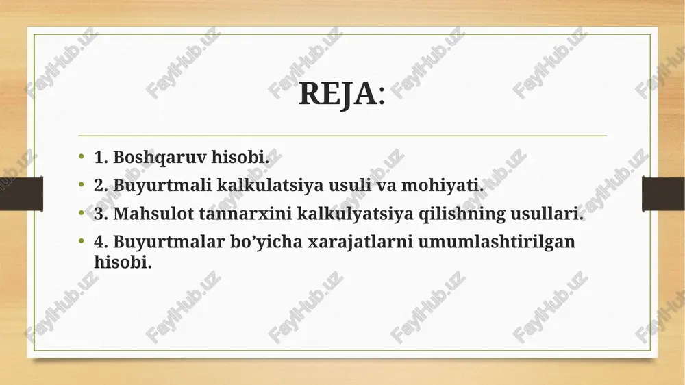 iklari xo‘jalik yurituvchi subyektda ishlab chiqarilayotgan mahsulot (ish, xizmat) birligining tannarxini aniqlashda quyidagi to‘rtta usulning biridan foydalaniladi: - oddiy usul; - buyurtmali usul; - jarayonli usul; - normativ usul. ba’zi bir mamlakatlarda bu usullardan tashqari yana boshqa, xususan o‘rtacha tannarx, koeffitsientlar usulidan ham foydalaniladi. xarajatlarni hisobga olishning va mahsulot tannarxini hisoblashning buyurtmali usuli – faqat bir mahsulot turini ishlab chiqaruvchi, shuningdek maxsus buyurtma asosida ishlovchi xo‘jalik yurituvchi subyektlar tomonidan foydalaniladigan usuldir. bu usulda barcha xarajatlar alohida bo‘linmalar yoki hisobot davri uchun emas, har bir buyurtma bo‘yicha yig‘iladi. xo‘jalik yurituvchi subyektda asosiy ishlab chiqarish schyoti yuritiladi, bu boradagi analitik ma’lumot buyurtmalar kartochkasida olib boriladi buyurtmalar bo’yicha xarajatlarni umumlashtirilgan hisobi quyidagilar yordamida tashkil etiladi: nazorat schyotlari; alohida hisoblash va shartnoma bo’yicha tannarx kalkulatsiyasi. xarajatlarni hisobga olish mahsulot yoki buyurtmaning tannarxini kalkulatsiya qilishning buyurtmali usuli asosan ishlab chiqarish texnologiyasi uchun sarflangan xom-ashyo va materiallar, mehnat sarflari va boshqa umumiy ishlab chiqarilgan mahsulot, bajarilgan …