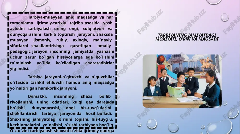 tartibga solish. xalqimiz uchun abadiy yo`qolmaydigan qadimiy tushuncha hisoblanadi tarbiya. axloq, ta`lim, odob, tarbiya kabi tuyg`u-tushunchalar qonimizga singib ketgan qadriyatimizdir. qadimdan tarbiya, maktab, ta`lim sohasiga jiddiy e`tibor qaratishgan. buyuk adiblarimiz alisher navoiy, behbudiy, abdulla avloniy, abdurahmon jomiy, abu ali ibn sinolarning asarlarida ham bu qarashlar o`z ifodasini topgan. millatimizning madaniyati qanchalik boy ekanligini ham shundan bilib olsak bo`ladi. ma`rifatparvarlardan biri, abdulla avloniy ta`lim va tarbiya, maktab ochish, yoshlarni bilimli ma`naviyatli qilib tarbiyalash haqida qator ishlarni olib boradi. ko`plab asarlarini ta`lim olish, bilim va tarbiyaning mazmuni va mohiyatini yoritib bergan holda, insonlarni ta`lim, tarbiya olishga undash, pand-nasihat shaklida yozadi. ayniqsa,tarbiya haqida bildirgan fikrlari hozirgi kunda ham o`z ahamiyatini yo`qotmasdan, biz uchun kerakli bo`lgan ko`nikmalarni o`zida saqlab qolgan. avloniyning pedagogic qarashlari bugungi kundagi maktablarning yaratilish asosiga beqiyos hissa qo`shgan. ma`rifatparvar adibning milliy qadriyatlarimizni kuylagan asarlari o`zbek adabiyoting bebaho xazinasidir. bu asarlarda milliy ruh, ilm-ma`rifat tushunchalari ilgari surilgan. o`z davrida bu asarlar yoshlarni …
