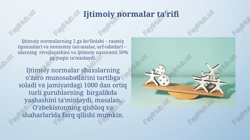 di. o'z-o'zini tartibga solishni yaxshilashning bir usuli – kuniga kamida 30 daqiqa, masalan, toshkentdagi bog'larda yurish yoki meditatsiya qilish orqali stressni kamaytirishdir. bu 5-7 kun ichida sezilarli natijalar beradi. muvofiqlashuv va moslashuv mexanizmlari samarqand viloyatida o'tkazilgan sotsiologik so'rovnoma, 15-25 yosh guruhi vakillarining 40% muvofiqlashuv va moslashuv mexanizmlarini samarali qo'llashda qiyinchiliklarga duch kelayotganini ko'rsatdi, bu esa ijtimoiy moslashish bilan bog'liq muammolarni keltirib chiqarishi mumkin. o'zbekistonning 2020-yilgi milliy tadqiqotlari shuni ko'rsatdiki, shahar aholisining 75% atrof-muhitga moslashuv mexanizmlarini qo'llashda qiyinchiliklarga duch kelmoqda, bu esa psixologik stress darajasining oshishiga olib keladi. ijtimoiy normalarning turlari va ularning ta'siri ijtimoiy normalarning 3 turi mavjud: rasmiy (qonunlar, 5 yillik rejalashtirish kabi), norasmiy (odob-axloq qoidalari, toshkentdagi salomlashish marosimlari kabi) va meta-normalar (qonunlarning o'zgarishiga ta'sir ko'rsatuvchi omillar). o'zbekistondagi qishloq joylarida 100 ta oiladan so'rovnoma natijalari shuni ko'rsatdiki, 70%i oilaviy qadriyatlarga asoslangan norasmiy normalarga rioya qilishadi, bu esa jamoaviy birlikni kuchaytiradi. ijtimoiy bosim va konformizm o'zbekistondagi tadqiqotlar shuni ko'rsatadiki, yosh …