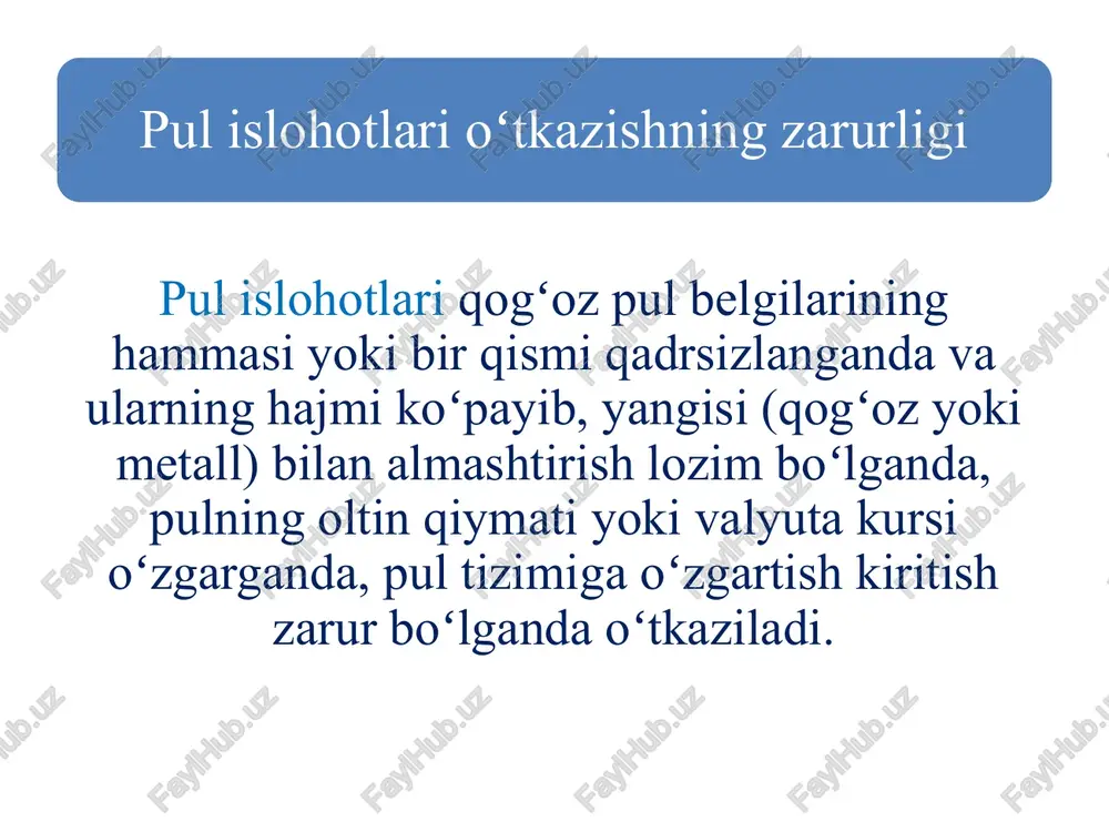 oyabrdan ish haqi, pensiya, stipendiya, nafaqa va aholi daromadlarining oʻz vaqtida toʻlanishini, respublika ichki isteʼmol bozorini taʼminlash maqsadida oʻzbekiston respublikasi hududida toʻlov vositasi sifatida 1961—92 yillardagi rubl banknotlari va rossiya bankining 1993-yildagi rubli bilan parallel ravishda 1:1 nisbatda oraliq valyuta sifatida "soʻm kupon" muomalaga kiritildi. oʻzbekiston respublikasi markaziy banki muomalaga qiymati 1, 3, 5, 10, 25, 50, 100, 200, 500, 1000, 5000, 10000 soʻm kupon qogʻoz pullarni chiqardi. mustaqil oʻzbekistonda pul islohoti oʻzbekiston davlat mustaqilligiga erishgach, oʻz milliy valyutasini muomalaga kiritishni ikki bosqichda amalga oshirdi. ikkinchi bosqich: 1994-yil 1-iyulidan boshlab oʻzbekiston respublikasining milliy valyutasi soʻm 1 soʻm = 1000 soʻm kupon nisbati bilan muomalaga kiritildi. markaziy bank muomalaga qiymati 1, 3, 5, 10, 25, 50, 100 soʻm boʻlgan bank qogʻoz pullari (banknotlar) va 1, 3, 5, 10, 20, 50 tiyin boʻlgan metall tangalar chiqardi. mustaqil oʻzbekistonda pul islohoti e'tiboringiz uchun rahmat! image1.jpg image2.png image3.png /docprops/thumbnail.jpeg