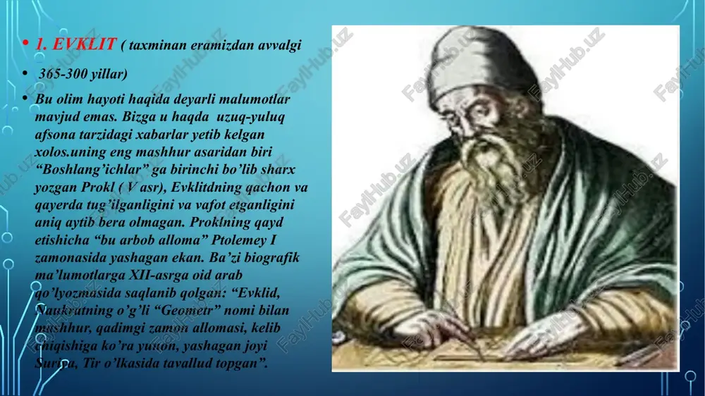 nday fikrlash asoslarini yaratishdan. tahminan shu paytda yunon geometriyasi rivojlanib, evklidning 13 ta kitobi bilan o‘z yuqori cho‘qqisiga yetdi. ushbu paytdan boshlab geometriya (va arifmetika) har qanday ta’limning majburiy qismi bo‘lib, deduksiya paradigmasi sifatida hizmat qildi. ma’lumki, aqsh ning sobiq prezidenti abraham linkoln kongress a’zosi bo‘lgan paytida evklidning birinchi 6 ta kitobini o‘zlashtirganligi haqida anekdot bor edi. uning aytishicha, bu geometriyaga katta muhabbatdan qilingan emas, balki dialektik va mantiqiy nutq qobiliyatlari o‘z hamkasblari ustidan unga ancha afzalliklarni berdi. linkoln evklid geometriyasiga xissasini qo‘shgan aqsh prezidentilardan yagonasi emas. undan tashqari aqsh prezidenti jeyms garfild pifagor teoremasining yangi isbotini 1876-yilda nashr ettirgan. uchburchak geometriyasi. asosiy shartli belgilar. bu yerda biz bir qancha shartli belgilarni keltiramiz va ayrim oddiy natijalar haqida eslatib o‘tamiz.ular quyidagicha: a, b, c nuqta belgilari [ab] a va v nuqtalarni tutashtiruvchi kesma ab [ab] kesmaning uzunligi (ab) a va v nuqtalardan o‘tuvchi to‘g‘ri chiziq a nuqtadagi burchak [ca] va …