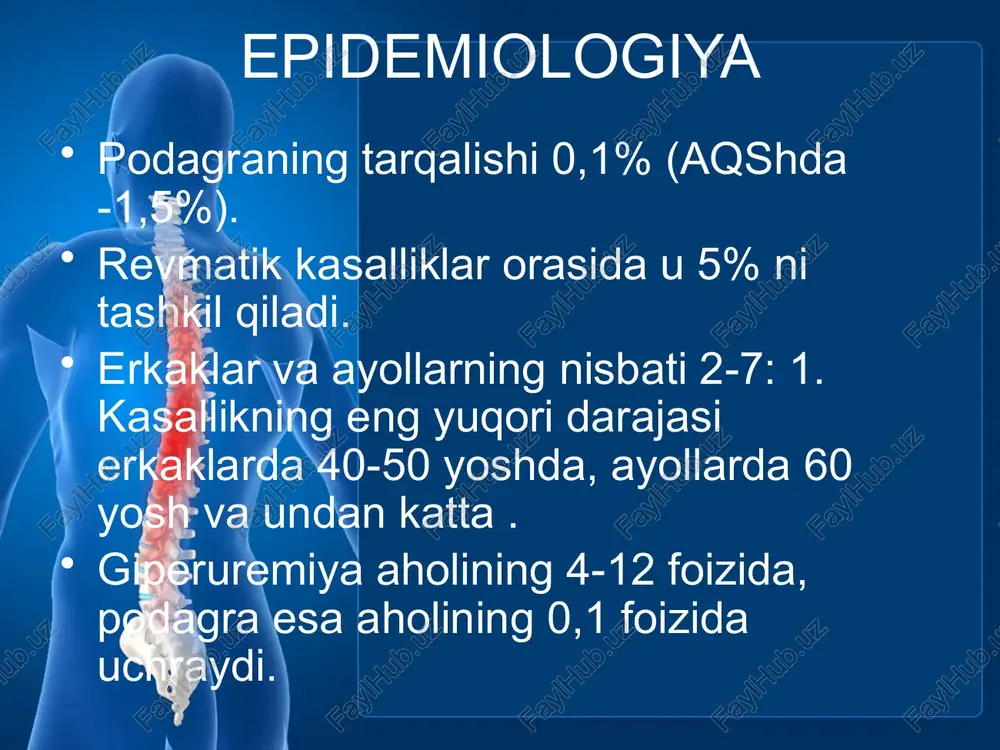 go'yo sog'lom uyquga ketadi va kechasi bir yoki bir nechta bo'g'imlarda zo'ravonlik, yonish, bosish, zonklama, yirtib tashlash og'rig'i bilan uyg'onadi. oyoqning birinchi metatarsofalangeal bo'g'imining (katta barmoq) o'tkir artriti o'tkir podagra artriti kasallikning debyutida oyoqlarning bo'g'imlari tez-tez ta'sirlanadi, lezyonlarning assimetriyasi asosan xarakterlidir. chastotani kamaytirish bilan oyoqlarning bo'g'imlari podagra jarayoniga jalb qilinadi. oyoq bilagi zo'r, tizza, barmoqlar, tirsaklar va boshqalar. bemorlarning 60-75 foizida podagraning birinchi ko'rinishlari bosh barmog'ining birinchi metatarsofalangeal bo'g'imida paydo bo'ladi. kamroq, kasallik poliartrit bilan boshlanadi . podagrali tofi ko'p tofi so'roq dasturi qon va siydikning umumiy tahlili biokimyoviy tahlil: umumiy oqsil, oqsil fraktsiyalari, sialik kislotalar, siydik kislotasi, karbamid, kreatinin reberg va zimnitskiy testi ta'sirlangan bo'g'imlarning rentgenogrammasi kundalik siydik chiqarishni va siydik kislotasini tozalashni aniqlash laboratoriya ma'lumotlari to'liq qon ro'yxati: o'zgarishsiz xurujsiz, hujum paytida - chapga siljish bilan neytrofil leykotsitoz, esr ko'payishi. biokimyo: kuchayishi davrida seromukoid, fibrin, haptoglobin, sialik kislotalar, siydik kislotasining ko'payishi. instrumental tadqiqotlar qo'shimchalarning rentgenogrammasi - osteoporoz, "shtamplangan" …