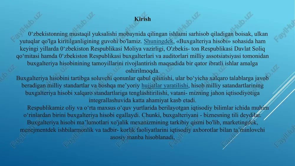 un buxgalteriya hisobotlarini umumlashtirish zarur. chunki shu kabi savollarga uxshash xalq xo’jaligiga rahbarlik qilish uchun kerakli bo’ladigan ko’pgina ma'lumotlarni beradi. korxona rahbarlari hisobot ma'lumotlari asosida faoliyat natijalarini,mablag’’larning joylanishi.debitor qarzlarning o’zgarishini va shu kabi ko’rsatkichlarni urganadi. korxona xodimlari uchun mehnat haqi va iqtisodiy ragbatlantirishni yaxshilash uchun daromadlilik holati va uning o’zgarishi qiziqarli. mol yetkazib beruvchilar, kreditorlar, banklar buxgalteriya hisobotlari ma'lumotlari asosida korxonaning to’lovga layokatligini, moliyaviy barqaror rivojlanayotganligini tahlil qiladi. shuning uchun ham buxgalteriya hisoboti ma'lumotlari haqqoniy real voqeani (summani) aks ettirishi, daromad va xarajatlar hisobot davriga mos bo’lishi, hisobot ma'lumotlari o’zaro taqqoslama bo’lishlari, hamda uz muddatida to’zilgan bo’lishi lozim. hisobot ma'lumotlarining haqqoniyligi ta'minlash maqsadida yillik hisobot to’zishgacha korxona mablag’lari va ularni tashkil etuvchi manbaalarning asosiy qismi inventarizatsiyadan o’tkaziladi. asosiy vositalar va nomoddiy aktivlar buxgalteriya balansida eskirish summalari ayrilib qoldiq baholarida aks ettiriladi. tovar moddiy boyliklar esa haqiqiy tannarxda aks ettiriladi. buxgalteriya hisobotini to’zish tartibi, uning tarkibi.hisobot shakllarining mazmuni, hisobotni taqdim etish …