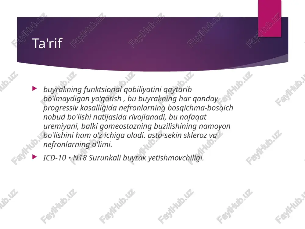 ni almashtirish terapiyasiga ehtiyoj bor. n.a. tomonidan taklif qilingan surunkali buyrak yyetishmovchiligining batafsil tasnifi ham qulayroq emas. lopatkin va i.n. kuchinskiy (1972). shuningdek, u gfrning pasayish darajasiga asoslanadi. to'rt bosqich mavjud: yashirin (60-50 ml / min gacha), kompensatsiyalangan (30-50 ml / min gacha ), intervalgacha (29-15 ml / min gacha), terminal (10-14 ml / min gacha ). min), bu esa o'z navbatida to'rt bosqichga bo'linadi. ushbu tasnif ko'proq bemorlarning tegishli populyatsiyasiga ega bo'lgan urologlar, shuningdek, buyrak transplantatsiyasi klinikalari tomonidan qo'llaniladi, bu erda barcha birlamchi bemorlarda buyrak yetishmovchiligining so'nggi bosqichi mavjud va buyrak transplantatsiyasi uchun ko'rsatmalar va kontrendikatsiyalarni aniqlashda aniqlik talab etiladi. hozirgi vaqtda amerika qo'shma shtatlari milliy buyrak jamg'armasining tasnifi yanada keng tarqalmoqda. amerikalik tadqiqotchilar "surunkali buyrak yetishmovchiligi" tushunchasidan butunlay voz kechib , uni "surunkali buyrak kasalligi" (sby) bilan almashtirishni taklif qilmoqdalar. asosan, bu tasnif mahalliy bo'lganlarga yaqin va gfr ta'rifiga ham asoslanadi : sby i bosqichi normal yoki ortib …