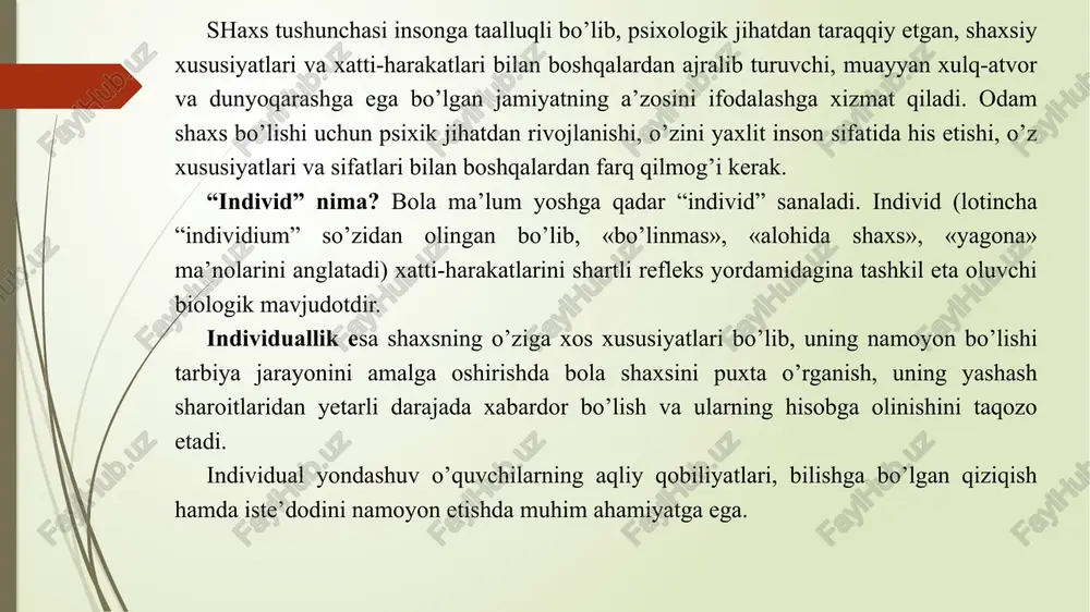lalik, o’smirlik va o’spirinlik yillarida kamol topishi yaqqol ko’zga tashlanadi. rivojlanishning o’zi nima? rivojlanish inson shaxsining tarkib topish jarayonidir. rivojlanish uzaro uzviy boglik kator bosqichlarda amalga oshadi. bola aql zakovatining kursatkichi, sifati, xarakteri uning atrofdagi odamlar bilan kundalik munosabatlari va amaliy faoliyatida vujudga keladi. uzaro ta’sir (savol-javob) natijasida unda aqlning ijodiy maxsuldorligi, teranligi, tezligi orta boradi. hozirgi davrda insonning rivojini yanada jadallashtiruvchi vositalar mavjud va uning aqliy usish darajasini test sinovlari bilan aniklash mumkin. rivojlanish shaxsning fiziologik va intellektual o’sishida namoyon bo’ladigan miqdor va sifat o’zgarishlar mohiyatini ifoda etuvchi murakkab jarayondir. rivojlanish mohiyatan oddiydan murakkabga, quyidan yuqoriga, eski sifatlardan yangi holatlarga o’tish, yangilanish, yangining paydo bo’lishi, eskining yo’qolib borishi, miqdor o’zgarishining sifat o’zgarishiga o’tishini ifodalaydi. rivojlanishining manbai qarama-qarashliklarni o’rtasidagi kurashdan iboratdir. bola shaxsining rivojlanishi inson ijtimoiy mavjudotdir degan falsafiy ta’limotga asoslanadi. ayni vaqtda inson tirik, biologik mavjudot hamdir. demak, uning rivojlanishida tabiat rivojlanishining qonuniyatlari ham muhim ahamiyatga ega. shuningdek, shaxs …