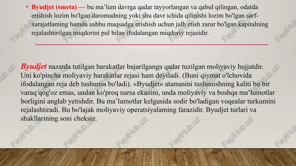 riladi. mehnat xarajatlari byudjeti. bu byudjet ishlab chiqarilgan mahsulot yoki xizmatlar sonini har bir mahsulot birligiga soatlarda sarflangan mehnat normasiga ko‘paytirish orqali topilib, rejalashtirilgan ishlab chiqarish hajmini bajarish uchun zarur bo‘lgan kerakli ish vaqtini soatlarda belgilab beradi. umumishlab chiqarish xarajatlari. bu byudjet xomashyo va ish haqi xarajatlaridan farqli ravishda kutilayotgan ishlab chiqarish xarajatlari rejasi ko‘rinishida bo‘ladi. bu byudjet quyidagi ikki maqsadni ko‘zlaydi: ishlab chiqarish va xizmat ko‘rsatish bo‘yicha menejerlar tomonidan tuzilgan barcha umumishlab chiqarish xarajatlari byudjetlarini birlashtirish; 2. ushbu ma’lumot yig‘ilganidan so‘ng, hisobot davrida yuqorida ko‘rsatilgan xarajatlar me’yorini hisoblash hamda kelgusida ishlab chiqarishi mo‘ljallanayotgan mahsulot birligi bo‘yicha ularni taqsimlash yoki boshqa ixtiyoriy olingan har qanday xarajat obyektlari bo‘yicha tannarxni hisoblash imkonini beradi. 8 umumiy va boshqaruv xarajatlari byudjeti. bu byudjet ishlab chiqarish va sotuv xarajatlaridan farqli ravishda tegishli bandlarga ajratilgan joriy operatsion xarajatlar rejasi bo‘lib, xo‘jalik yurituvchi subyektning kelgusidagi umumiy faoliyatini qo‘llab-quvvatlashga xizmat qiladi. foyda va zararlar to‘g‘risidagi kutilayotgan hisobot. …