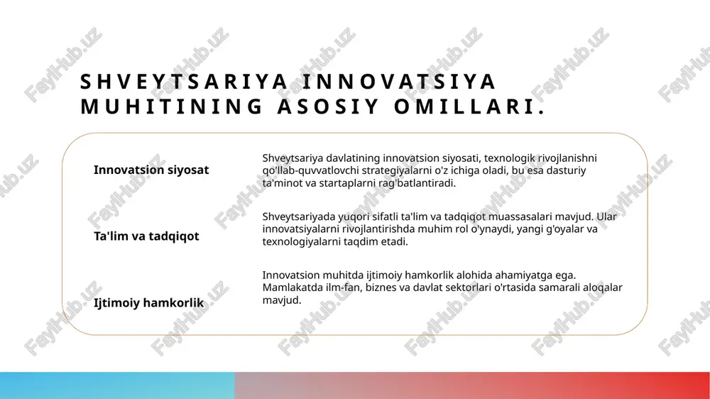iqot va rivojlanishni qo'llab-quvvatlaydi. 2 grantlar tizimi innovatsiyalarni qo'llab-quvvatlovchi grantlar, universitetlar va tadqiqot institutlari orqali taqdim etiladi, bu esa ilmiy izlanishlar va yangi texnologiyalarni rivojlantirishga yordam beradi. 3 xususiy investitsiyalar shveytsariyada xususiy investitsiyalar, venture kapital va angel investorlar orqali innovatsion startaplarni moliyalashda muhim rol o'ynaydi, ularning muvaffaqiyati iqtisodiy o'sishga xizmat qiladi. shveytsariya innovatsiya agentliklari va ularning roli. shveytsariyada innovatsiya agentliklari, davlat va xususiy sektorda hamkorlikda, texnologik rivojlanishni rag'batlantirishda muhim rol o'ynaydi. ular tadqiqot va rivojlanish loyihalarini moliyalashtirib, innovatsion g'oyalarni amalga oshirish uchun muhim resurslar taqdim etadi. photo by roberto huczek on unsplash innovatsiyalarni qo'llab-quvvatlovchi qonunchilik va normativ hujjatlar. 01 qonunchilik asoslari shveytsariyada innovatsiyalarni qo'llab-quvvatlovchi qonunchilik, tadqiqot va rivojlanishni rag'batlantiruvchi asosiy qoidalarni belgilaydi, bu esa barqarorlikni ta'minlaydi. 02 innovatsion grantlar innovatsiyalarni rivojlantirish uchun davlat tomonidan beriladigan grantlar va moliyalashtirish, tadqiqotlarni qo'llab-quvvatlashda muhim rol o'ynaydi. 03 qonunlar va normativlar innovatsiyalarni qo'llab-quvvatlovchi qonunlar va normativ hujjatlar, mualliflik huquqlari va patentlarni himoya qilish orqali …