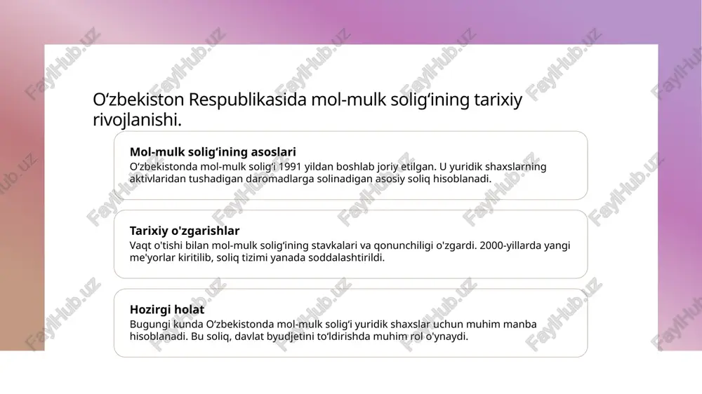 sullari mol-mulk baholashida asosiy usullar: bozor, xarajat va daromad usullari. har bir usulning o'ziga xos afzalliklari va kamchiliklari mavjud. 03 soliq ob'ekti soliq solish ob'ekti sifatida yuridik shaxslarning mol-mulki, shuningdek, ularning aktivlarining umumiy qiymati hisobga olinadi. bu, soliq bazasini shakllantiradi. 04 baholash tartibi mol-mulk baholash tartibi o'zbekiston respublikasi qonunlari bilan belgilangan. ushbu tartibga muvofiq, malakali baholovchilar tomonidan baholash amalga oshiriladi. mol-mulk solig'i to'lovchilari: yuridik shaxslarning mas'uliyatlari va majburiyatlari. yuridik shaxslarning mol-mulk solig'i to'lovchilari quyidagi mas'uliyatlarga ega: soliq deklaratsiyalarini to'g'ri va o'z vaqtida taqdim etish, moliyaviy hisobotlarni yuritish, va soliq to'lovlarini amalga oshirish. ular shuningdek, soliq qonunlariga rioya qilish va davlat organlariga kerakli ma'lumotlarni taqdim etish majburiyatida. photo by piggybank on unsplash soliq bazasi: yuridik shaxslarning aktivlaridan soliq olish mexanizmlari. 1 soliq bazasi tushunchasi soliq bazasi — yuridik shaxslarning aktivlaridan olinadigan soliq uchun hisoblangan umumiy qiymatdir, bu esa soliq to'lovini belgilashda asosiy omil hisoblanadi. 2 aktivlar baholanishi yuridik shaxslarning aktivlari, jumladan, …