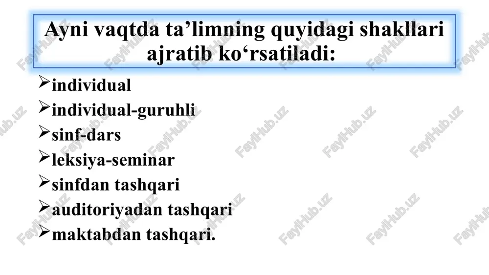shunga mos ravishda tanlab o‘qitish shakli yuzaga keldi (aqshda batov, yevropada mangeym tizimi). yevropa va aqshda, xx asr boshida o‘quvchilarning individual, faol, mustaqil o‘quv ishlarini ta’minlashga qaratilgan ko‘plab ta’lim tizimlarining samaradorligi sinab ko‘rilgan. 1905 yili dalton shahrida (massachusets shtati) o‘qituvchi elena park xerst tomonidan birinchi bor qo‘llanilgan ta’limning individuallashtirilgan tizimi ular orasida eng radikal hisoblangan. bu tizim dalton-reja nomi bilan pedagogika va maktab tarixiga kirdi. u ba’zan laboratoriya yoki ustaxonalar tizimi deb ham ataydilar birinchi universitetlar paydo bo‘lishi bilan ta’limning ma’ruza- seminar tizimi yuzaga kela boshlaydi. u yaratilgan paytdan beri hali deyarli hech bir katta o‘zgarishlarga ega emas. ma’ruza, seminar, amaliy va laboratoriya ishlari, konsultatsiya va tanlagan kasbi bo‘yicha amaliyot hozirgacha leksiya-seminar tizim sifatida o‘qishning asosiy shakllaridan biri bo‘lib kelmoqda. leksiya-seminar tizimi o‘zining sof ko‘rinishida oliy va oliy maktabdan keyingi ta’lim amaliyotida qo‘llaniladi. darsning turlari aralash (kombinatsion dars). yangi bilimlarni bayon qilish darsi. o‘rganilganlarini takrorlash va mustahkamlash darsi. o‘quvchilarning bilim, …