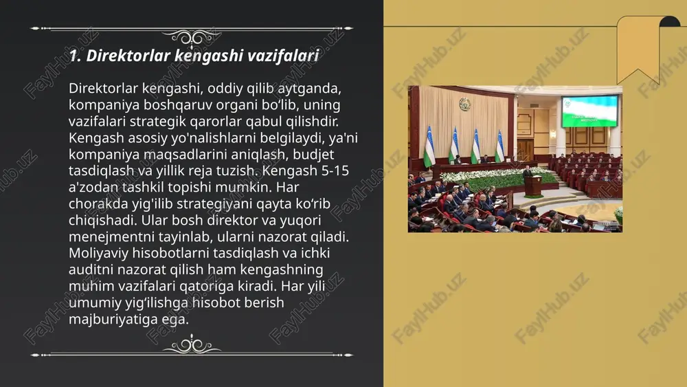 maoshlarini belgilash huquqiga ega. shuningdek, muhim bitimlarni ko‘rib chiqish va ma'qullash huquqi ham ularga tegishli. kengash a'zolari orasida minimal ko‘pchilik ovoz bilan qaror qabul qilinadi. direktorlar kengashi kompaniya faoliyatini nazorat qilib, yillik yig‘ilishlarda hisobot beradi. kengash a'zolarining soni va ular uchun qo‘yiladigan talablar mamlakat qonunchiligi va kompaniya nizomiga bog‘liq bo‘lishi mumkin. ... t.me/slaydai_bot 7. kengash yig'ilishlarining o'tkazilishi 7. kengash yig'ilishlari odatda yil davomida rejalashtirilgan tarzda o'tkaziladi. bu yig'ilishlar qatnashchilari odatda davlat idoralari, tashkilotlar va soha mutaxassislari hisoblanadi. yig'ilishlar kun tartibiga qaratiladi va masalalar muhokama qilinadi. odatda hozirgi masalalar, kelgusi rejalar va mavjud muammolar haqida gapiriladi. yig'ilishlar soni bir yil davomida o'rtacha 4-6 marta tashkil etiladi. har bir yig'ilishda qatnashuvchilar soni 10-50 kishini tashkil etishi mumkin, holatga qarab o'zgaradi. har bir yig'ilishda qabul qilingan qarorlar hujjatlashtirilib, ular asosida kelgusidagi ishlar rejalashtiriladi. ... t.me/slaydai_bot 8. kengash qaror qabul qilish tartibi uzbek tilida quyidagicha umumlashtiriladi: kengash qarorlari odatda ko‘pchilik ovoz bilan qabul qilinadi. …