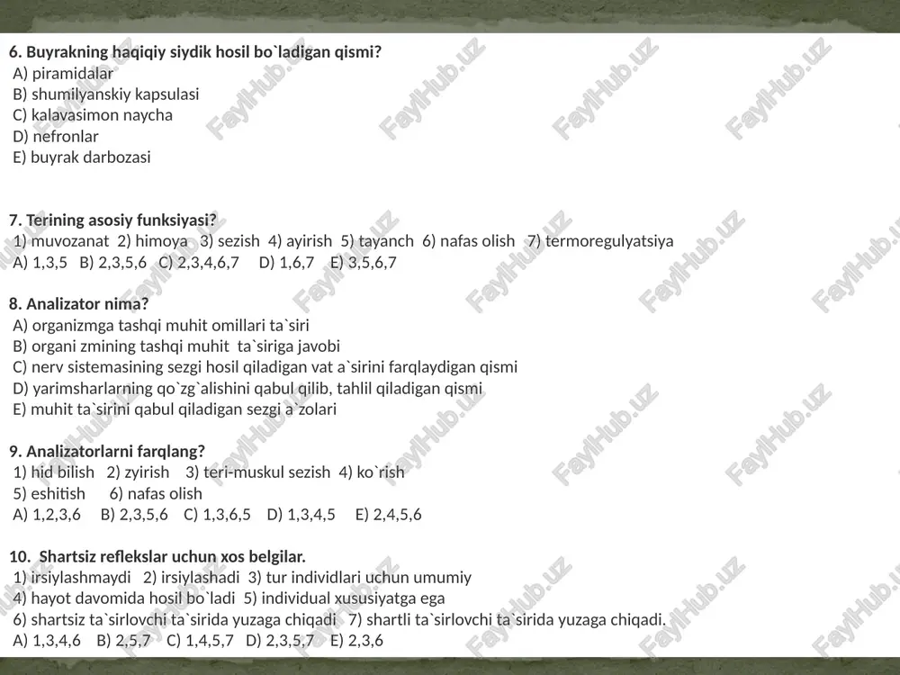 ca tuzlari 3) simpatik nervlar 4) insulin 5) natriy tuzlari 6) parasimpatik tuzlari 7) kaliy tuzlari a) 1,2,3 b) 1,3,7 c) 2,4,6 d) 3,5,6 e) 2,5,7 17. limfa qon aylanish sistemasining qaysi qismiga kelib tushadi? a) o`ng yurak bo`lmasida b) oldingi va keyingi kovak venalariga c) qorinaortasiga d) o`pka venalariga e) o`pka arteriyalariga 18. ovqat hazm qilish fermentlari ishlab chiqaradigan bezlar? 1) so`lak 2) oshqazon devoir 3) oshqozonosti 4) ichak devoir 5) jigar 6) gipofiz 19. so`lak tarkibida qanday fermentlar bor? a) lipaza, amilaza, tripsin b) pepsin c) ptialin, lizotsim d) pepsin, lipaza e) ptialin, laktaza, lipaza 20. ingichka ichak devoir qanday tuzilgan? a) kiprikli epiteliy bilan qoplangan b) juda ko`p vorsinkalarga ega c) biriktiruvchi muskul vorsinkasiz d) to`g`ri javob b va c e) uzunchasiga va aylanasiga joylashgan silliq muskullar 21. ichakda oqsillar qanday moddalarga parchalanadi? a) monosaxaridlarga b) glitseringa c) aminokislotalarga d) yog` kislotalarga e) glitserin va yog` kislotalarga …
