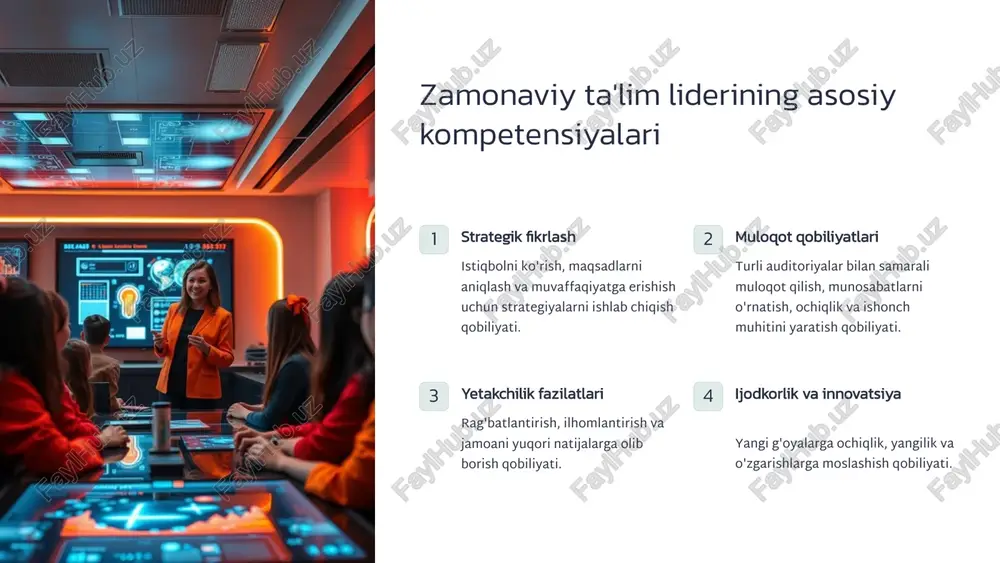sh qobiliyati. empatiya boshqa odamlarning his-tuyg'ularini tushunish, o'zini ularning o'rniga qo'yish va o'zaro hurmat muhitini yaratish qobiliyati. ishonch xodimlarga ishonchni uyg'otish, halol va ochiq bo'lish, va'dalarni bajarish qobiliyati. 9 liderning psixologik portreti maqsadlilik liderlar aniq maqsadlarga ega va ularga erishish uchun intilishadi. mehribonlik liderlar o‘z atrofdagilarning muammolariga e’tibor berishadi va ularga yordam berishga harakat qilishadi. mulohazalilik liderlar har bir qarorni sinchkovlik bilan mulohaza qilib, uning natijalarini hisobga oladi. barqarorlik liderlar qiyinchiliklarga chidamli va har qanday vaziyatda o‘zlarini nazorat qilishga harakat qilishadi. 10 maktabda liderning samaradorligini baholash 1 o‘qituvchilarning rivoji liderning o‘qituvchilarni kasbiy rivojlantirishga qo‘shgan hissasini baholash. 2 ta’lim sifati liderning ta’lim sifatini oshirishga qo‘shgan hissasini baholash. 3 kollaborasiya liderning jamoaviy ishni tashkil etish va o‘qituvchilar bilan hamkorlik qilishdagi samaradorligini baholash. 4 o‘zgarishlarni boshqarish liderning o‘zgarishlarni boshqarishdagi samaradorligini baholash. 11 e’tiboringiz uchun rahmat! image1.png image2.png image3.png image4.png image5.png image6.png image7.png image8.png image9.png image10.png image11.png image12.png image13.png image14.png image15.png image16.png image17.png image18.png …