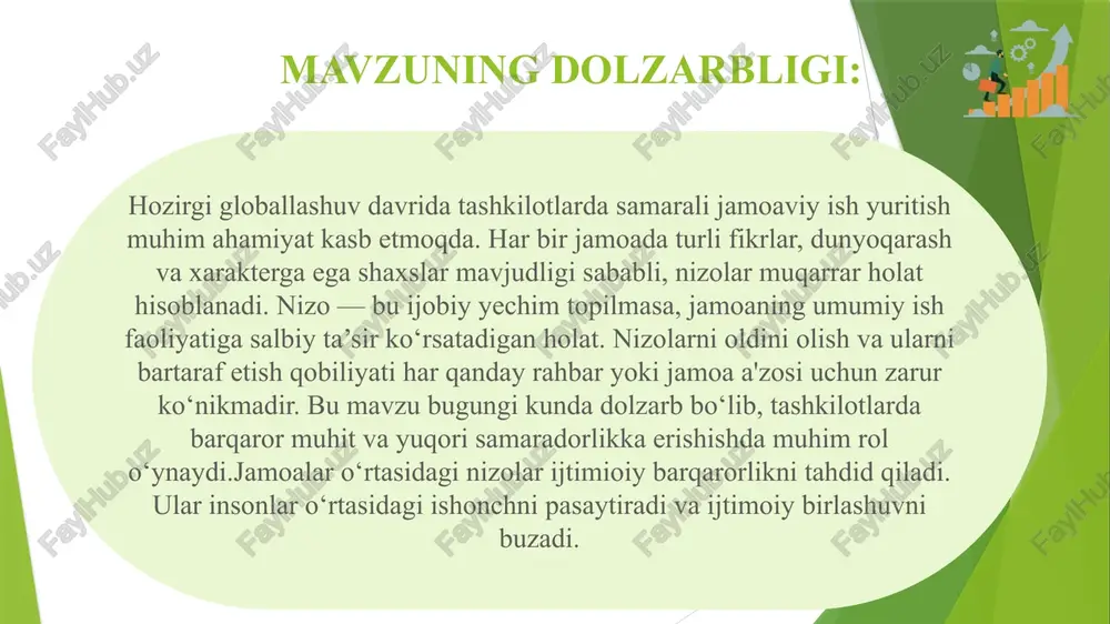 r qaratiladi. yaponiya korporativ madaniyatida jamoa ichidagi nizolarni oldini olish uchun "kaizen" tamoyili qo‘llaniladi. bu tamoyil doimiy yaxshilanish va hamkorlikni ta’minlashga qaratilgan. - psixologik muhit: jamoa a’zolari o‘rtasida sog‘lom psixologik muhitni yaratish uchun maxsus dasturlar va tadbirlar tashkil etiladi. - rahbarlik roli: rahbarlar nizolarni hal qilishda muhim rol o‘ynaydi. ular jamoa a’zolari o‘rtasida muloqotni rivojlantirishga e’tibor qaratadi. creative presentation template creative presentation template . qiyosiy tahlil № amaldagi holat (o‘zbekistonda) amaldagi holat (xorijda) taklif an’anaviy yondashuv: o‘zbekistonda nizolarni hal qilishda ko‘pincha an’anaviy usullar, masalan, mahalla va jamoa liderlari vositachiligidan foydalaniladi. bu usul ijtimoiy hamjihatlikni saqlashga qaratilgan. xitoy madaniyatida ijtimoiy uyg‘unlik va “yuzni saqlash” (obro‘ni yo‘qotmaslik) juda muhim hisoblanadi. jamoada nizo chiqqan taqdirda, u ochiq muhokama qilinmaydi, balki norasmiy tarzda, rahbar yoki tajribali kishi vositasida hal qilinadi. har oyda bir marta sinf rahbarlari tashabbusi bilan “ochiq yurak” nomli dars o‘tkazilishini taklif etish. 2. ish joylarida ichki nizolar ,kasba uyushmalari, mehnat shartnomalarida …