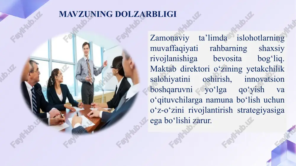 ik kurslari tashkil etilgan tailandda maktab direktorlarining o‘z-o‘zini rivojlantirish strategiyasi ta’lim sifatini oshirishga qaratilgan bo‘lib, innovatsion metodlarni, liderlikni va jamoaviy ishlashni rivojlantirishga yo‘naltirilgan. avstraliyada maktab direktorlari o‘z-o‘zini rivojlantirish strategiyasini ishlab chiqishda bir nechta asosiy yo‘nalishlar va metodlardan foydalanadilar. shvetsiyada maktab direktorlarining o‘z-o‘zini rivojlantirish strategiyasida o‘quvchilarning rivojlanishi va ta'lim sifatini yaxshilashga katta e'tibor qaratiladi. rahbarlar bilim va ko‘nikmalariga qo‘shimcha ravishda, rahbarlik qobiliyati, tashabbuskorligi, adolatli boshqaruv tamoyillariga amal qilishi ham muntazam baholanishi lozim. taklif № muammo amalga oshirish mexanizmi ma`sul muddat natija 1 maqsadni aniq belgilanmaganligi. maktab direktorida zamonaviy rahbarning xxi asr ko‘nikmalarini to‘la shakllanmaganligi rahbarga qo‘yilgan talablarni o‘rganib chiqish va o‘zlashtirish (intizom, bilim darajasi, ma’naviy yetuklik) rahbarga xos xususiyatlarni o‘rganib borish(empatiya, faol tinglash, innovatsiya) maktab direktori sentyabr-oktyabr oylarida liderlik, notiqlik, halollik, talabchanlik, kreativlik, muammoga yechim topish, ma’suliyat ko‘nikmalari shakllanadi, o‘ziga ishonchi ortadi 2 shaxsiy va kasbiy kompetensiyalarni baholash, swot tahlilini olib borilmasligi. o‘zining kuchli va kuchsiz tomonlarini tanqidiy o‘rganib chiqish imkoniyatlar, …