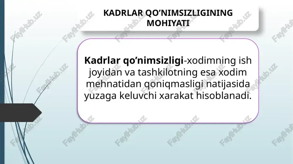’tiborni maktablarda kadrlar qo’nimsizligini bartaraf etish madaniyatiga qaratishimiz lozim. chora-tadbir rejasi kadrlar qo’nimsizligining sabablarini oldini olish moddiy motivatsiyani oshirish, cho’ziluvchan va noqulay ish vaqtlari bartaraf etish. shaxslararo nizolarni bartaraf etish. direktor mmibdo‘, o‘tibdo‘, psixolog yil davomida o‘qituvchilar orasida sog’lom muxitni shakillantirish. kadrlar qo’nimsizligining salbiy omillari oldini olish. o’quvchilarda dars unumdorligining pasayishi; o’qituvchilarga ortiqcha yuklamalar tushishi; o’qituvchining maktabda ish faoliyatining og’irlashuvi direktor mmibdo‘ yil davomida o‘qituvchilarning kasbiy madaniyati shakillantirish adabiyotlar tahlili adabiyotlar 1.shoyusupova n.t. ataniyazova m.b. kadrlar menejmenti. o’quvlar qo’llanma. tdiu,2017. 273-bet. 2.xudoyberganov k.t. xodimlar menejmenti. darslik. 2010. -313 6. 3.abdurahmanov q.x. personalni boshqarish. darslik t.: “iqlidosdiyot” , 2013-356b. internet manbalari 1.telekanal 24kz -07.09.2019. “qishloq maktablariga salohiyatli kadrlar kerak’’. 2.o’zbekiston milliy axbarot agentligi. “chekka hududlardagi maktablarda kadrlar yetishmasligi qanday hal etiladi”12.01.2021. e’tiboringiz uchun rahmat image1.png image2.png image4.jpg image3.jpg /docprops/thumbnail.jpeg