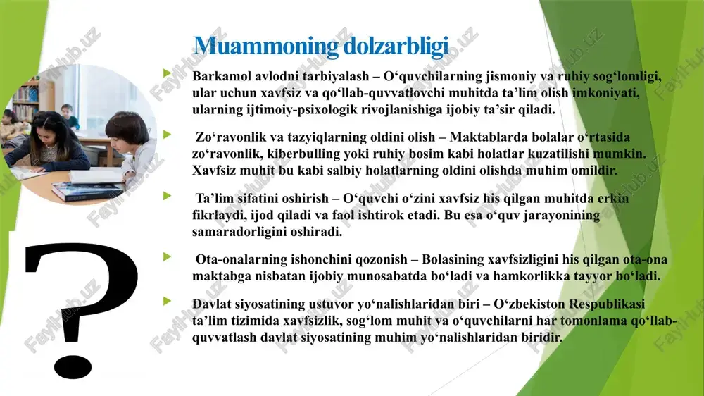 avfsiz ta’lim muhitini ta’minlash uchun filtrlash tizimlari, internet etikasi darslari, videokuzatuv kameralari, xavfsizlik signalizatsiyalari keng qo‘llaniladi. har bir maktabda xavfsizlik tizimini kuchaytirish, zamonaviy texnologiyalarni joriy qilish. 2 mamlakatimizda “ta’lim to‘g‘risida” qonunga muvofiq, o‘quvchilar xavfsizligi ta’minlangan. biroq, amaliy mashg‘ulotlar yetarlicha tashkil etilmagan. fransiyada maktab xavfsizligini ta’minlash uchun hukumat tomonidan maxsus dasturlar amalga oshiriladi. maktablar uchun “charte de la laicite” (dunyoviylik nizomi) asosida o‘quvchilar xavfsizligi ta’minlangan. favqulodda vaziyatlar bo‘yicha doimiy o‘quv mashg‘ulotlarini joriy etish. o‘quvchilarni xavfsiz ta’lim olishi uchun “maktab nizomi” ishlab chiqish zarur. 3 internet filtr tizimlari mavjud, kiberzo‘ravonlikka qarshi chora-tadbirlar yetarli darajada ishlab chiqilmagan norvegiyada maktab xavfsizligini ta’minlash uchun yuqori darajada himoya, kiberxavfsizlik dasturlaridan foydalaniladi. 15 yoshgacha bo‘lgan bolalar ijtimoiy tarmoqlardan foydalanishi taqiqlangan. o‘quvchilarga kiberxavfsizlik bo‘yicha maxsus ta’lim berish, internet filtr tizimlarini takomillashtirish. ijtimoiy tarmoqlardan foydalanishda tartibga rioya qilishni tashkil qilish zarur. 4 ota-onalar maktabda o‘quvchilar xavfsizligi bo‘yicha ishtirok etishi etarli darajada tashkil etilmagan. janubiy koreya, norvegiya va fransiyada ota-onalar …