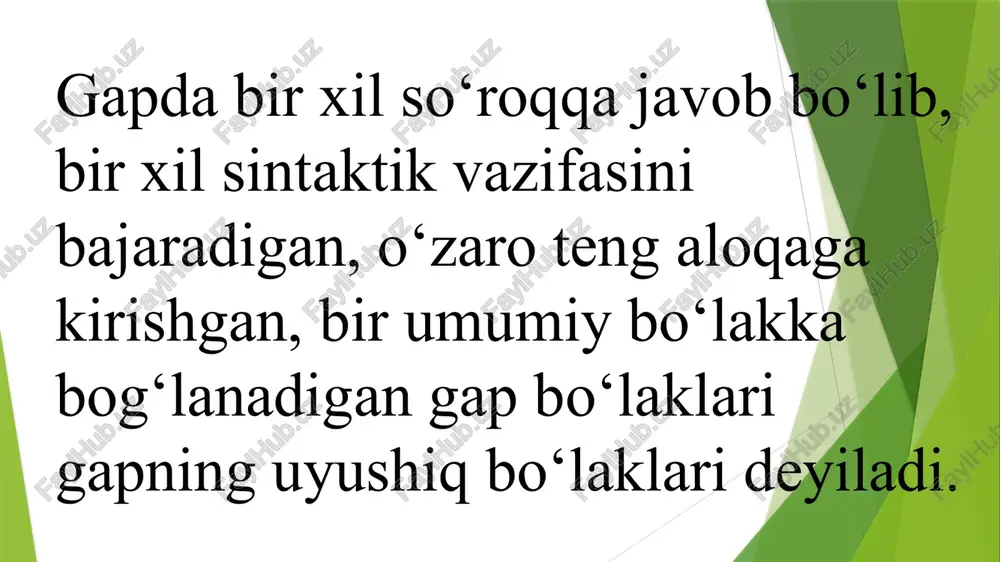 shakllanadi: mustaqil holda va umumlashgan holda. uyushuvchilar mustaqil holda shakllanganda, grammatik ko‘rsatkichlar (ot va otlshgan so‘zlar bilan foydalangan bo‘laklarda - kelishik, egalik, ko‘plik affikslari, -dagi o‘rin belgisi affiksi hamda ko‘makchilar; ot va fe’l kesimlarida - to‘liqsiz fe’l va ko‘makchi fe’llar hamda - dir affiks bog‘lamasi va so‘z bogtamalari) uyushiqli qatorning har bir a’zosida qatnashadi. masalan: qahraton sovuqqa va qurg‘ oqchilikka chidamli bo‘lgani uchun chinor manzarali daraxt sifatida qadrlanadi. (a.aminov). uyushuvchilar umumlashgan holda shakllanganda, turli grammatik ko‘rsatkichlar uyushiq qatorning oxirgi a’zosida qo‘llanib, barchasi uchun taalluqli bo‘ladi. bunda turli umumlashtiruvchi grammatik ko‘rsatkichlar qavsdan tashqariga chiqariladi. va bu holda shakllangan uyushuvchilarning bitta bo‘lak deb qarash lozim bo‘ladi. masalan: sharq chinorlari (kavkaz, qrim va o‘rta osiyo)da... o‘stiriladi. (a.aminov). mahkam (karavotlar va tubochkalar) bilan qurshalgan stolga qaradi. (p.qodirov). ... bu xona boshqa xonalaridan (nihoyatda yorug‘ligi, ozoda, haddan tashqari sarishtaligi) bilan farq qilardi. (j.abdullaxonov). uyushiq qator a’zolari tenglashish yo‘li bilan sintaktik aloqaga kirishadi. bu aloqa teng …