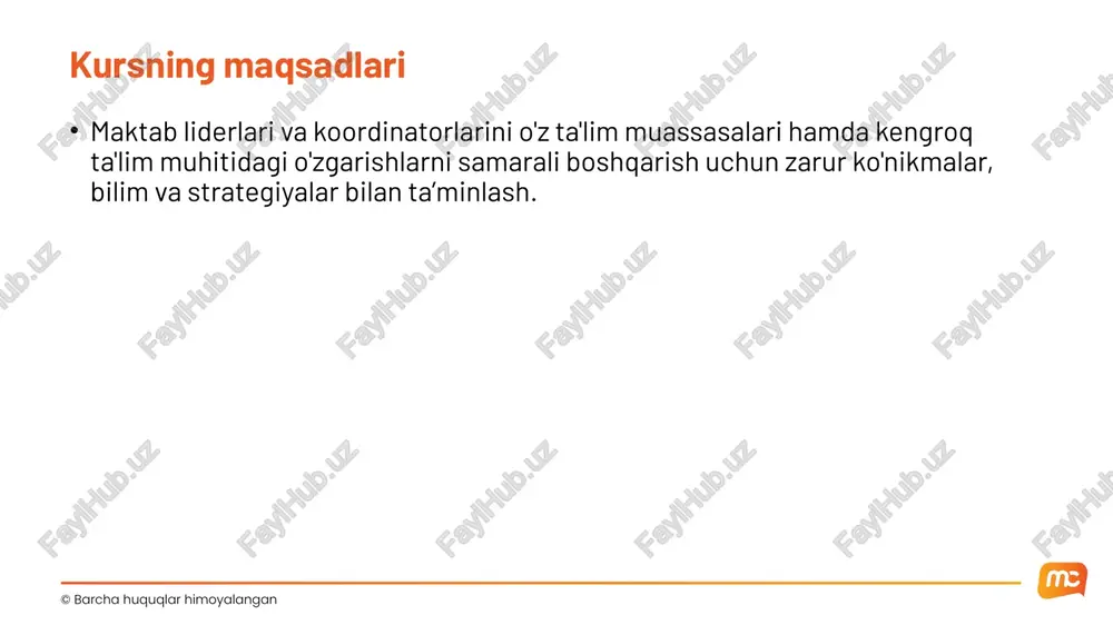 qsadlari joriy ta'lim muhitini tushunish 21-asrda taʼlim duch kelayotgan murakkabliklar va qiyinchiliklar, jumladan, texnologik taraqqiyot, demografik oʻzgarishlar va farovonlik muammolari haqida tushuncha hosil qilish. jahon darajasidagi ta'lim tizimining tarkibiy qismlarini aniqlash singapur misolida yuqori sifatli ta'lim tizimini tashkil etuvchi asosiy elementlarni tahlil va muhokama qilish. ©️ barcha huquqlar himoyalangan bizning joriy faoliyatimiz mazmuni ta'limning samarali liderlari bo'lish uchun biz hozirgi faoliyat mazmuni haqida aniq tasavvurga ega bo'lishimiz juda muhim ... 9 biz inson sifatida ko'rgan eng murakkab, oldindan aytib bo'lmaydigan va tez o‘zgaruvchan sohalardan biriga kirmoqdamiz. 10 bugungi dunyo qanday ko'rinishga ega? 11 raqamlar bilan bo‘g‘langan aks holda bo‘lingan dunyo mafkuralar & madaniyatlar demografik o'zgarishlar & ijtimoiy tuzilmaning rivojlanishi nosozlik chiziqlari & uyg‘unlik 13 farovonlik bilan bog‘liq xavotirlarning tarqalishi chidamlilik & tafakkurlar 14 stress & akademik malakalarga ortiqcha e'tibor ko'nikmalar & qobiliyatlar texnologik rivojlanish tezligining jadallashuvi & buzilish o'zgarishlar & imkoniyatlar 16 hozirgi o‘quvchilarimiz qanaqa? yoshlarning uyg'onishi 17 kelajak avlodimizni …