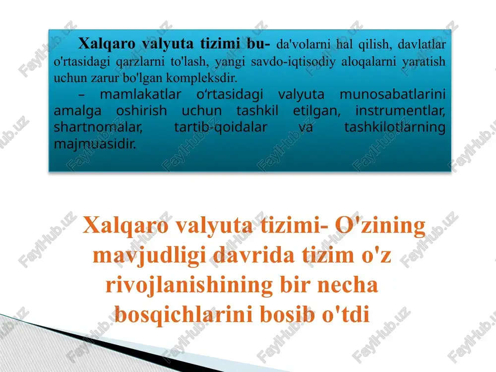 hli xususiyatlar quyidagilardan iborat edi: tovarlar narxining oltinda hisoblanishi, oltin tangalarning erkin muomalada bo‘lishi va davlat zarbxonlari tomonidan cheklanmagan tarzda tangalarni zarb etilishi, nominalga ko‘ra kredit pullarining oltin tangalarga erkin almashinuvi, oltinni olib kirish va olib chiqishda cheklovlar o‘rnatilmaganligi, ichki bozorlarda qog‘oz pullar oltin tangalar bilan bir qatorda muomalada bo‘lishi. oltin andozasi amalda bo‘lgan davrlarda oltin paritetidan foydalanilgan. oltin pariteti rasmiy oltin tarkibiga ko‘ra turli mamlakatlar pul birliklarining o‘zaro nisbatini ifodalaydi. oltin pariteti valyuta kurslarini aniqlashda asos bo‘lib xizmat qilgan va 1976- yilda xvf tomonidan bekor etilgan. aqshda 1 troya unsiya oltin (31, 1 g.) = 20, 672 usd ($) buyuk britaniyada 1 troya unsiya oltin= 4,248 gbp (£) oltinning valyutalardagi qiymati valyuta kursini aniqlashga xizmat qilardi: $ 20, 672 / £ 4,248 = 4, 866 , ya’ni £ 1 = $ 4, 866 parij valyuta tizimi quyidagi tamoyillarga asoslangan tizim asosini oltin tanga andozasi tashkil etishi; milliy pul birliklarining …