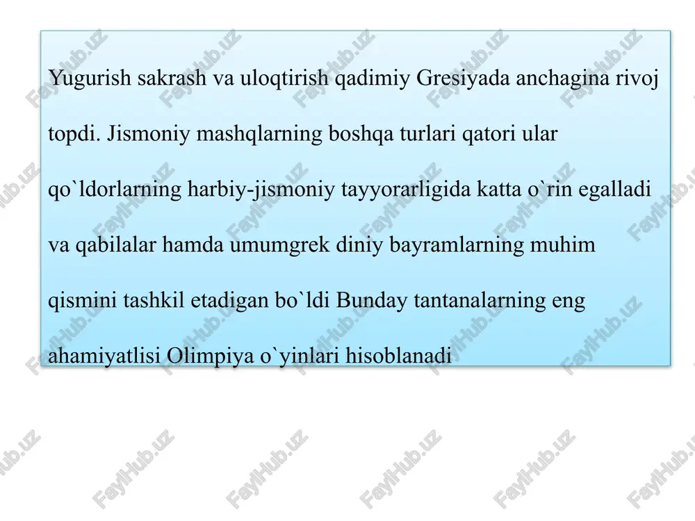 larning ham, boshqa sport turlari bilan shug`ullanuvchilarning ham trenirovkalarida yugurishga kup e`tibor berilish , shuningdek faol dam olish, sog`lomlashtirish va ish qobiliyatini saqlash vositasi sifatida yugurishning ulushi katta ekani. yugurish – yengil atletikaning hamma turlari ichida eng hammabop jismoniy mashqdir. yengil atletika musobaqalarida yugurish va estafetaning turli xillari etakchi o`rin tutadi, ularga tomoshabinlar ham juda qiziqadi. shuning uchun yugurish musobaqalari eng yaxshi tashviqot vositalaridan biri hisoblanadi. yengil atletikada yugurishning tekis yugurish, tusiqlar osha yugurish , estafetali yugurish va tabiiy sharoitda yugurish xillari buladi. tekis yugurish ma`lum masofaga yoki vaqtbay tarzda yugurish yulkasida (soat strelkasi harakatiga teskari yo`nalishda) o`tkaziladi. 400 metrga va undan qisqa masofaga yugurishda har bir yuguruvchi uchun alohida yo`lka ajaratiladi. qolgan masofalarga yugurish umumiy yo`lkada o`tkaziladi. belgilangan masofani o`tish uchun sarflangan vaqt sekundomer bilan o`lchanadi. bir soatlik va ikki soatlik yugurishda vaqt chegaralangan bulib, natija shu vaqt ichida bosib o`tilgan masofa tarzida metr hisobida aniqlanadi. tusiqlar osha yugurishning …