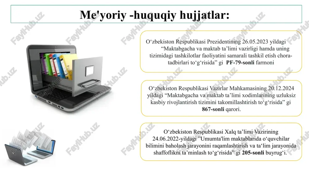 lat tomonidan ishlab chiqilgan platforma bo‘lib, ko‘p tillarda darsliklar, video, testlar, interaktiv materiallar mavjud. estoniya – e-kool (elektron maktab) tizimi estoniyada e-kool deb nomlangan milliy elektron platforma mavjud bo‘lib, u o‘quv dasturi, baholar, ota-onalar bilan aloqa va davomatni o‘z ichiga oladi. janubiy koreya – keris (korean education & research information service) keris orqali mamlakatda edunet platformasi joriy etilgan. u interaktiv darsliklar, raqamli laboratoriyalar va virtual sinflarni o‘z ichiga oladi. aqsh – google classroom aqsh maktablarida google classroom keng qo‘llaniladi. u orqali o‘qituvchi topshiriqlarni beradi, baholaydi, teskari aloqa yuritadi. shuningdek, khan academy bepul videodarslar, testlar va o‘quv resurslarini taqdim etadi. 7 mavzuni qiyosiy tahlil etilganligi № amaldagi holat (oʻzbekistonda) amaldagi holat (xorijda) taklif maktablarda e-maktab platformasi yuritiladi. unda metodik hizmatlar, baholar, ota-onalar bilan aloqa va davomat qayd etib boriladi. estoniyada e-kool deb nomlangan milliy elektron platforma mavjud bo‘lib, u o‘quv dasturi, baholar, ota-onalar bilan aloqa va davomatni o‘z ichiga oladi. chekka …