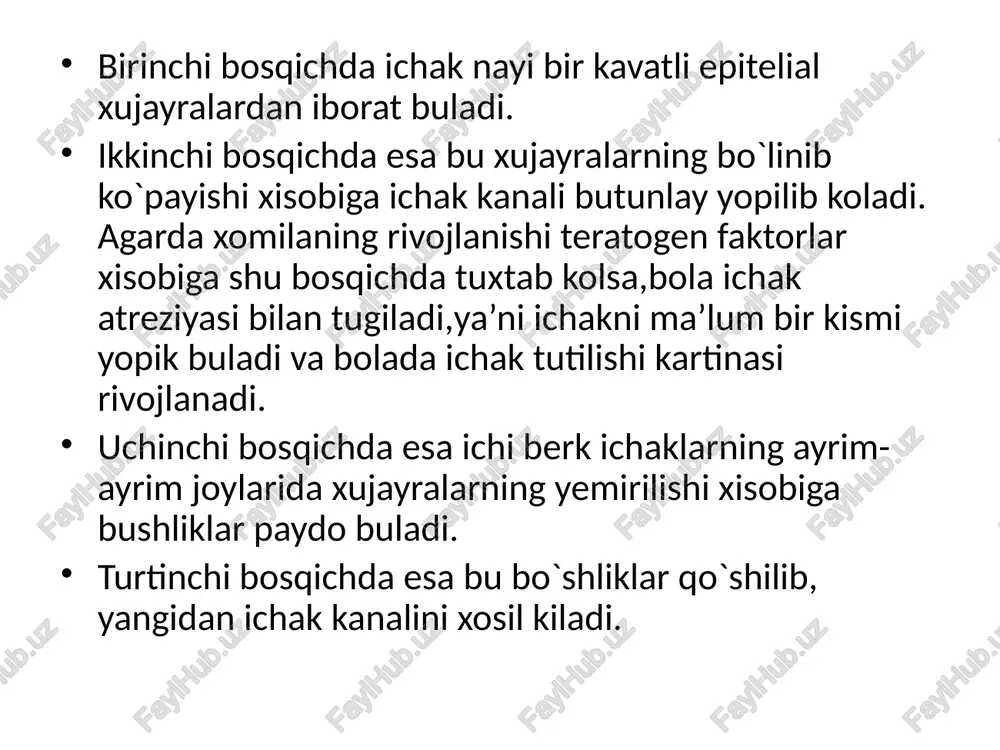 lganda tanasining vazni tug‘ilganga karaganda kamayib ketadi. subkompensatsiyalangan stenoz: me’dada to‘liqlik xissi palag‘ta bo‘lgan tuxum xidi keladigan yoqimsiz kekirish, sanchiqsimon og‘riq, qorin g‘uldirashi bilan o‘tadi. qusish ko‘proq bo‘ladi, bemorlar o‘zlarini qusishga majbur etadilar, u yengillik beradi. qusuq massasida undan oldin yoyilgan ovqat qoldiqlari bo‘ladi. bemorlarning axvoli yomonlashadi, xolsizlanib ozib ketadi suv-elektrolit balansi buzilishi bilan ifodalanadi. evakuatsiyaning buzilish darajasiga kora stenozning 3 asosiy bosqichi farq qilinadi. kompensatsiyalangan stenoz biror belgilarsiz otadi: ovqatning toraygan uchastka orqali qiyinlik bilan otishi me'daning kuchaygan peristaltikasi bilan qoplanadi, ya'ni kompensatsiyalanadi. klinik jihatdan yara kasal-ligining odatdagi simptomlari fonida me'daning tolib ketish sezgisi, epigastriyda, ayniqsa kop ovqat yeyilgandan keyin ogirlik paydo boladi. nordon kekirish, ba'zan me'da suyuqligi aralash nordon hidli qayt qilish yengillik beradi. rentgenologik tekshiruvda me'da olchami normal, biroq gipermotorika, bariyning ortacha tutilib qolishi aniqlanadi. dekompensatsiyalangan stenoz me'dada suyuqlik evakuatsiyasining keskin buzilishi, umumiy holatning yomonlashishi bilan otadi. me'dada suyuqlikning turib qolishi me'daning chozilib ketishiga, dilatatsiyasiga olib keladi, …