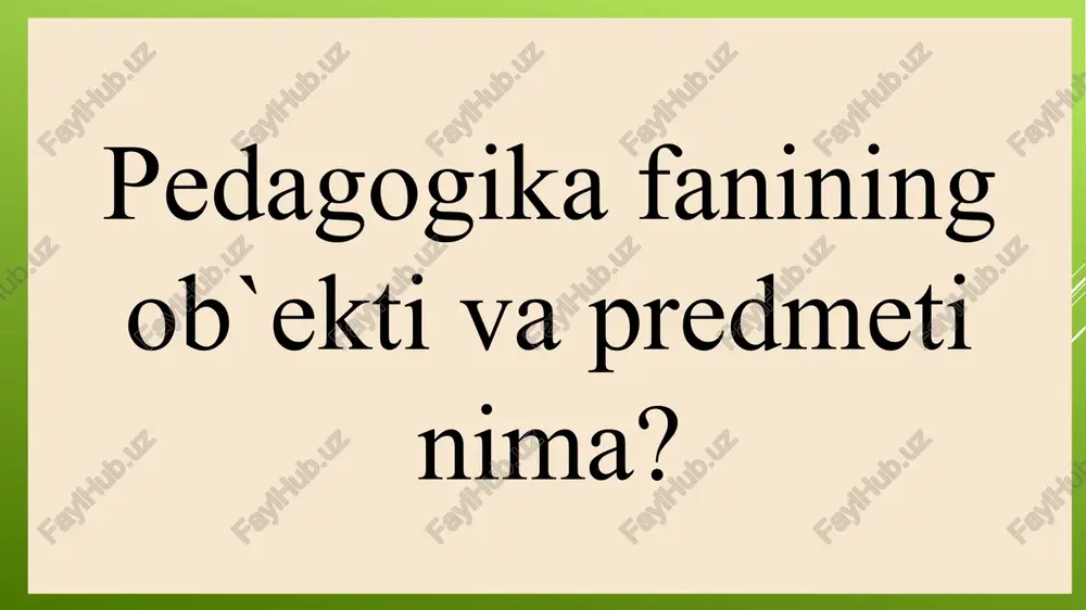 lumot ta`lim-tarbiya natijasida olingan va tizimlashtirilgan bilim, hosil qilingan ko`nikma va malakalar hamda shakllangan dunyoqarashlar majmuidir. rivojlanish-shaxsning fiziologik va intellectual o`sishida namoyon bo`ladigan miqdor va sifat o`zgarishlar mohiyatini ifoda etuvchi murakkab jarayon. pedagogika fanining ilmiy – tadqiqot metodlari. har qanday fan o`zining ilmiy-tadqiqot metodlariga ega. bu metodlari orqali o`z mazmunini boyitib, yangilab boradi. kuzatish metodi suhbat metodi bolalar ijodini o`rganish metodi test, so`rovnomalar metodi maktab hujjatlarini tahlil qilish metodi eksperiment-tajriba sinov metodi pedagogik tajriba matematika-kibernetika metodi; pedagogik tahlil intervyu metodi test metodining afzalliklari va kamchilliklari afzalliklari kamchiliklari afzalliklari ushbu metodning afzalligi respondentlar javoblarini aniq mezonlar bo'yicha tahlil etish imkoniyati mavjudligi hamda vaqtning tejalishi bilan tavsiflanadi. kamchilliklari aksariyat holatlarda javoblar yozma ravishda olinadi, shuningdek, respondent taklif etilayotgan javob variantlardan birini tanlashi zarur. shu bois respondent o'z fikrini batafsil ifoda etish imkoniyatiga ega emas. pedagogikaning boshqa fanlar bilan aloqasi va pedagogika fanlari tizimi. falsafa etika mantiq tarix sotsiyologiya gigiena madaniyatshunoslik psixologiya tibbiy …
