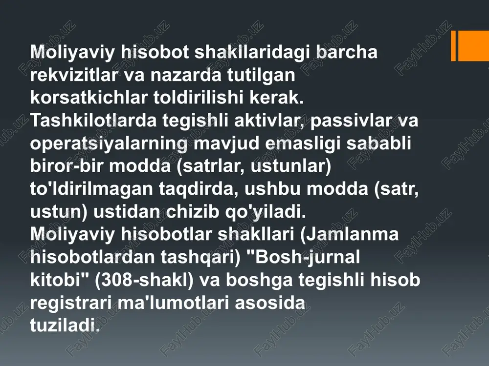 ag'lari harakati tog'risida hisobot; - tibbiyot muassasalarini moddiy rag'batlantirish va rivojlantirish jamg'armasi boyicha pul mablag'lari harakati to'g'risida hisobot; ﻿﻿ta'lim muassasalarida o'qitishning to'lov-kontrakt shaklidan tushgan mablag' lar harakati to g'risida hisobot; ﻿﻿boshqa budjetdan tashqari mablag' lar harakati boyicha hisobot; ﻿﻿joriy yilning moliyaviy natijalari tog'risida hisobot nomoliyaviy aktivlarning harakati tog’risida hisobot. agarda, tashkilotlar qonunchilikka muvofiq hisobot davrida mahsulot (ish,xizmat)lar ishlab chigarish va sotish faoliyatlarini amalga oshirsa, u holda ushbu faoliyatlari bo’yicha belgilangan tartibda va muddatlarda moliya organlariga 2-shakl - "moliyaviy natijalar to g' risida hisobot"ni taqdim qiladilar. moliyaviy hisobotning maqsadi moliyaviy hisobotning maqsadi buxgalteriya hisobi subyektining hisobot sanasidagi moliyaviy holati, hisobot davridagi uning faoliyatini moliyaviy natijasi va pul mablag‘larining harakati to‘g‘risidagi axborotni taqdim etish hisoblanadi. biroq moliyaviy hisobot iqtisodiy qarorlar qabul qilish uchun foydalanuvchilarga zarur bo‘lgan barcha axborotni o‘z ichiga olmaydi, chunki hisobot asosan avvalgi voqealarning natijalarini aks ettiradi. moliyaviy hisobot quyidagilar uchun ham axborotni o‘zida mujassam etgan: investitsiya qarorlarini va kreditlar …