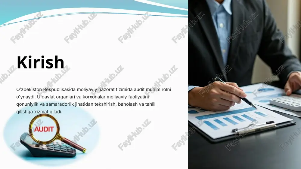 a biznes jarayonlari, moddiy resurslar, mehnat resurslari hamda ularga doir hisob-kitob va hisobotlardir. komplekslilik audit tekshiruvi kompleks tus oladi, chunki u korxona, muassasa yoki tashkilotning barcha faoliyat sohalarini qamrab oladi. 9 auditorlik tekshiruvini oʻtkazish tartibi va usullari 1 tayyorgarlik bosqichi auditorlik tekshiruvidan oldin zarur hujjatlarni tahlil qilish, rejani tuzish va maqsadlarni belgilash 2 auditorlik tekshiruvi hujjatlarni tekshirish, tashkilot faoliyatini kuzatish, xodimlar bilan suhbatlar oʻtkazish 3 auditorlik xulosasini tayyorlash olingan dalillarni tahlil qilish, xulosalarni chiqarish va takliflarni berishga tayyor boʻlish auditorlik tekshiruvi jarayonida auditor tomonidan turli xil usullar qoʻllaniladi. hujjatlarni tekshirish, kuzatish, so'rov, hisob-kitob va tahlil qilish kabi usullardan foydalaniladi. ushbu yondashuvlar orqali auditor tashkilot faoliyatini har tomonlama baholaydi va xulosa berishga tayyor boʻladi. 10 auditorlik xulosaasining mohiyati va ahamiyati mohiyati auditorlik xulosasi - auditorlik tekshiruvlari natijasida tuzilgan hisobot bo'lib, uning asosiy maqsadi korxona moliya-xoʻjalik faoliyatini baholashdir. ahamiyati auditorlik xulosasi rahbariyat, qonun ijodkorlik va nazorat oliy organlariga korxona faoliyatini baholash uchun …