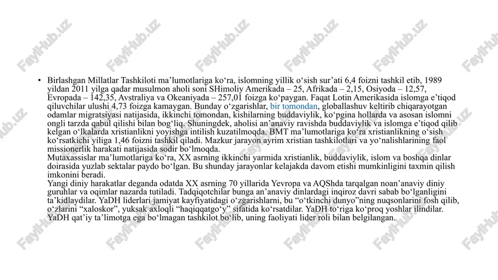 ning faoliyati lider roli bilan belgilangan. liderlar an’anaviy diniy qadriyatlarga qarshi tashviqot ishlarini olib borganlar. diniy hayot maxsus ishlab chiqilgan tartib qoida va nizomlar orqali amalga oshirilgan. yadhlarning ba’zilari dunyoning turli burchaklarida o‘z bo‘linmalariga ega bo‘lgan, biznes bilan shug‘ullanuvchi yirik xalqaro korporatsiyalarga aylandi. yadhlar meditatsiya amaliyotini keng qo‘llaydilar, tashkiliy jihatdan piramida shaklida boshqariladi. yadhlarning aksariyati noqonuniy faoliyat yurituvchi, kriminal tashkilotlardir. (aum sinrikyo (tokio metrosi 10/5000 zah.), quyosh ehromi (fransiya va kanada) va b.). diniy ta’limotlarni buzib talqin qiluvchi harakatlarga: protestantlarning “ikkilamchi” birlashmalari – iogov shohidlari, oxirgi kun avliyolari iso masih cherkovi (mormonlar), masih serkovi (boston harakati); soxta xristian harakatlar – mun birlashtirish cherkovi, vissarion oxirgi ahdi cherkovi, oq birodarlar; sayentalogik kultlar – xristian ilmi, ron xabbard sayentologiya markazi, kloneyd, oq ekologlar harakati; neo- va kvaziorientalistik maktablar va kultlar – “tirik axloq”(agni yoga), krishnani anglash jamiyati, transsendental meditatsiya, aum-sinrekyo, saxadja-yoga va b.); yangi majusiy tashkilot va kultlar – “runvira” ukrain milliy …