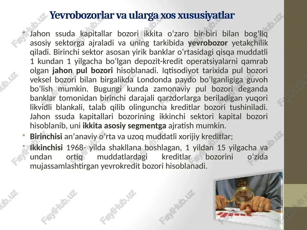 banklari tomonidan 3 oylik veksellar depozitlar orqali to‘lash yo‘lga qo‘yilishiga qadar aqshdan tashqarida dollarda qo‘yilgan depozitlar amaliyotda ko‘plab uchragan. dastlabki yevrodollarlar, 1950-yillarning oxirida xalqaro banklararo vakillik munosabatlari negizida paydo bo‘lgan. agar aqsh dollaridagi depozit egasi o‘z depozitini amerika bankidan xorijiy bankka o‘tkazsa, amaliyotda yevrodollarlar paydo bo‘lgan. aqsh dollarining yevrodollarga aylanish xususiyati xorijiy banklarga qo‘yilgan aqsh dollaridagi depozitlardan aqshdan boshqa barcha mamlakatlarda kredit resursi sifatida foydalanish mumkinligi bilan belgilanadi. 1960-yillardan boshlab yevrovalyuta bozori o‘z tarkibiga aqsh dollaridan tashqari jahon iqtisodiyotida yetakchi bo‘lgan mamlakatlarning valyutalarini ham ola boshladi. yevrovalyuta bozori quyidagi omillar asosida rivojlangan: – tashqi iqtisodiy faoliyatda xalqaro valyuta-kredit xizmatlarini ko‘rsatish turlarini oshirishga bo‘lgan ehtiyoj; – 1950–1960-yillarda jahondagi yetakchi valyutalar erkin konvertatsiyasining amaliyotga joriy etilishi; – mamlakatlar milliy qonunchiligining erkinlashtirilishi hisobiga mahalliy banklar va firmalar foyda olish maqsadida o‘z mablag‘larini xorijiy banklarga joylashtirishlarini rag‘batlantirish. yevrokredit bozori yevrokreditlarning asosiy qismini xalqaro bank sindikatlari taqdim etishadi. shuning uchun, yevrokreditlarni berish mexanizmini sindikatlashgan kreditlar …