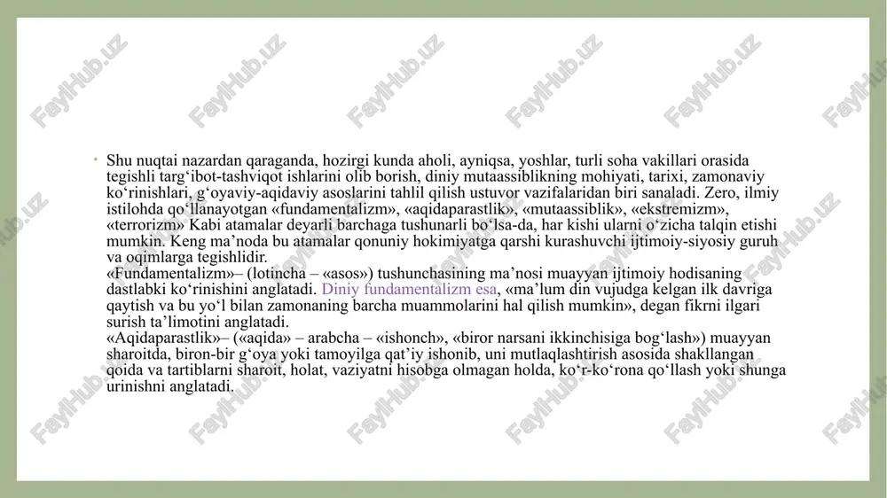 rcha davrlarda turli din va yo‘nalishlar orasida keskin nizo va to‘qnashuvlar kelib chiqishiga sabab bo‘lgan. «radikalizm»– (lotin. «tomir», «ildiz», «o‘zak») maqsad-muddaoni keskin, murosasiz amalga oshirish, u yoki bu ishdagi mavjud ahvolni tubdan o‘zgartirishga intilishni anglatadi. «ekstremizm»– (lotincha – «aql bovar qilmas darajada», «haddan oshish») jamiyatda qabul qilingan qonun-qoidalarga zid radikal qarash va harakatlarni anglatadi. bunday harakatlarga diniy tus berish diniy ekstremizmga olib keladi. «diniy ekstremizm» – jamiyat uchun an’anaviy bo‘lgan diniy qadriyatlar va aqidalarni rad etish, ularga zid g‘oyalarni aldov va zo‘rlik bilan targ‘ib qilishga asoslangan nazariya va amaliyotni anglatadi. ekstremistik qarashlarni barcha dinlarda, buddizm, xristianlik, islomdagi turli oqimlarda uchratish mumkin. «terror»– (lotincha – «qo‘rqitish», «vahimaga solish») – aholining keng qatlamlarida dahshat va qo‘rquv uyg‘otish, jamiyatda beqarorlik keltirib chiqarish orqali davlat hokimiyatini egallash maqsadiga qaratilgan jinoiy faoliyatdir. terror, terrorchilik faoliyati, terrorchi birgalikda bir butun hodisa sifatida terrorizmni tashkil etadi. hozirgi davrda u global miqyos kasb etib, xalqaro terrorizmshaklini oldi. xalqaro …
