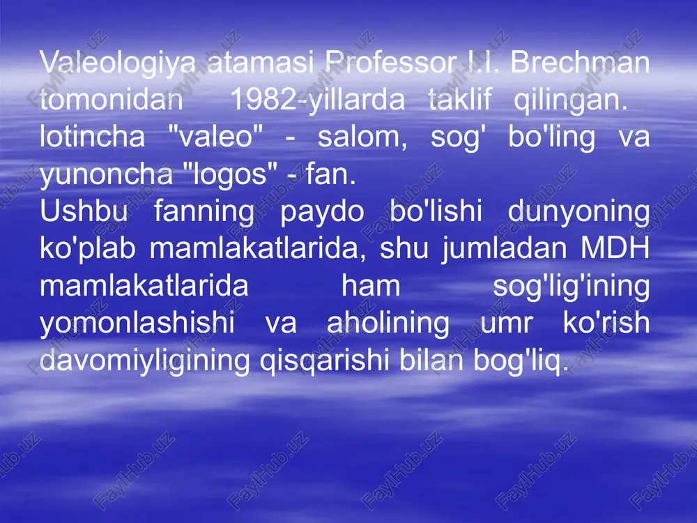 an, hayot darajasi va sifatidan qoniqish darajasi. salomatlik uchun xavf omillari 1. jismoniy harakatsizlik (gipodinamiy) - mushaklardagi yukning pasayishi va tananing umumiy motor faolligining cheklanishi. norasional ovqatlanish 16 ekologiy yomon odatlar (chekish, spirtli ichimliklarni iste'mol qilish, giyohvandlik) 18 o'ylab ko'ring, chekuvchilar, o'ylab ko'ring! sizning hayotingiz va sog'ligingiz o'z qo'lingizda!!! chekishning daxshatli oqibatlari alkogolizm alkogolning inson organimasiga ta'siri sog'lom turmush tarzini shakllantirish valeologiyaning yana bir markaziy tushunchasi “sog'lom turmush tarzi” tushunchasidir. "sog'lom turmush tarzi - bu insonning sog'lig'ini saqlash va mustahkamlashga qaratilgan hayot tarzi" (lisitsin yu.p.). sog'lom turmush tarzi nafaqat tibbiy va biologik faoliyat, balki jismoniy va ma'naviy ehtiyojlarni oqilona qondirish, shaxsning shaxsiy madaniyati va tarbiyasini shakllantirishdir. bu yuqori tibbiy faollik, o'z kasbiy va ijtimoiy funktsiyalarini bajarish qobiliyatidir. image2.jpeg image3.jpeg image4.jpeg image5.jpeg image6.jpeg image7.jpeg image8.jpeg image9.jpeg image10.jpeg image11.jpeg image1.jpeg /docprops/thumbnail.jpeg