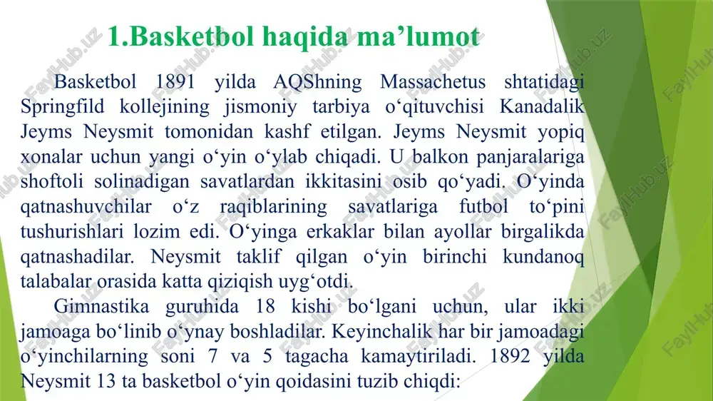 soniya beriladi. - 24 soniyali qoida – xujum qilayotgan jamoaga to‘pni otish uchun 24 soniya beriladi. agar 24 soniyaning ichida xalqaga tashlanmasa va otilishlan so‘ng u xalqaga tegmasa, to‘p egallashi to‘xtatiladi. ximoyalanayotgan jamoa uni autdan o‘yinga kiritadi. - 5 soniyali qoida – to‘p 1ta o‘yinchini qo‘lida 5 soniyadan ortiq ushlab turish mumkin emas.- zona qoida – agar xujum zonasida turgan to‘p markaziy chiziqdan o‘tib ximoya zonasida yerga urilsa, zona qoidasini buzilishi qayd etiladi. 5. basketboldagi follari – shaxsiy qoida buzilishi basketbolchilarga o‘yin jarayonida qo‘l va oyoq bilan zarba berish man etiladi. raqib jamoasining o‘yinchilarini itarish, yoki ularni badandan yoki kiyimini ushab to‘xtatish qoydalar bo‘yicha yo‘lga qo‘yilmaydi. raqib to‘pni kiritmasligi uchun xarakat qilayotgan o‘yinchi raqibning gavdasini, yoki qo‘lini tegishi man etiladi. ximoyalanayotgan o‘yinchi uchun ikkila qo‘lini vertikal xolda ko‘tarilishi eng optimal ximoya uslubi xisoblanadi. shaxsiy fol – bu ximoyalanayotgan yoki xujum qilayotgan o‘yinchining qoida buzishidir. odatda, follar to‘pni egallash va to‘pni …