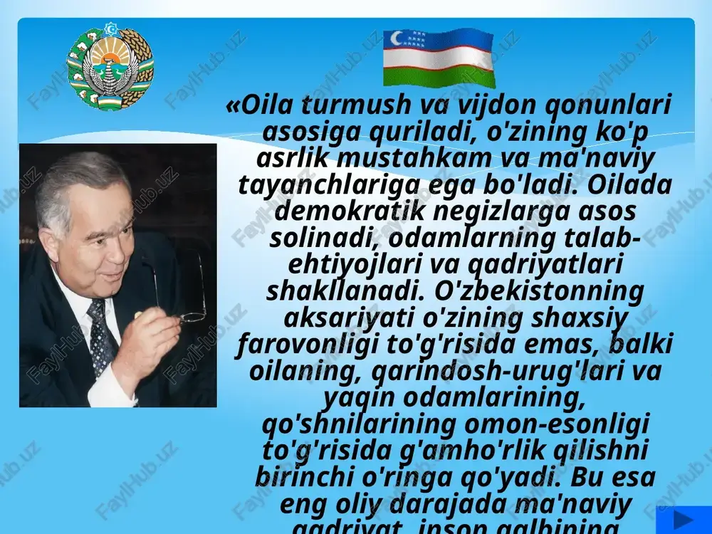 lash va hokazolarni shakllantirishdan iboratdir. estetik tarbiya. oilada tashkil etiladigan estetik tarbiya bolalarda go'zallikni his qilish, undan zavqlanish, tabiat go'zalliklaridan bahra olish asosida his-tuyg'u, idrok, tasavvur hamda qarashlarni yuzaga keltirish, ularni hayotni sevishga o'rgatishdek vazifalarning ijobiy hal etilishini nazarda tutadi. axloqiy va estetik qarashlar mazmuni o'zgargan bir sharoitda oilada axloqiy va estetik tarbiyani to'g'ri va samarali tashkil etilishi ayniqsa muhimdir. bolalar juda yoshligidanoq soxta go'zalliklar go'zallikning timsoli emasligini anglab etishlari lozim. bola tasavvurida tabiiy go'zallik (yam-yashil tabiat, nafis qor uchquni, nozik gullar, beg'ubor osmon) his qilish uchun shart-sharoit yaratib berish maqsadga muvofiqdir. bolalarda tabiiy go'zallikni his etish tuyg'usi tabiat bag'rida, muzey, ko'rgazma, kino va teatrlarda bo'lish tufayli shakllanadi. mehnat tarbiyasi shaxsning mustahkam xarakter va qat'iy iroda egasi bo'lib voyaga etishida mehnatning roli kattadir. bolalarni oilada to'g'ri tarbiyalashda oila xo'jaligining odilona tashkil etilishi, bolalarni oila xo'jaligini yuritish ishiga jalb qilish katta ahamiyatga ega. bolalar tomonidan bajariladigan oilaviy yumushlar ularning jismoniy va …