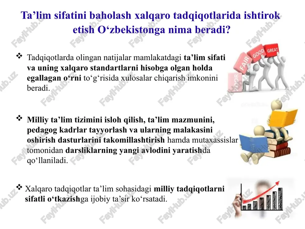 k savodxonlik yo‘nalishi) o‘rin mamlakat o‘rtacha ball 1 singapur 564 2 gonkong (xitoy) 548 3 makao (xitoy) 544 4 tayvan 542 5 yaponiya 532 6 xitoy 531 7 janubiy koreya 524 8 shveysariya 521 9 estoniya 520 10 kanada 516 manba: http://www.oecd.org/pisa/ 2015-yilda o‘tkazilgan tadqiqot natijalari (tabiiy-ilmiy savodxonlik yo‘nalishi) o‘rin mamlakat o‘rtacha ball 1 singapur 556 2 yaponiya 538 3 estoniya 534 4 tayvan 532 5 finlandiya 531 6 makao (xitoy) 529 7 kanada 528 8 vyetnam 525 9 gonkong (xitoy) 523 10 xitoy 518 manba: http://www.oecd.org/pisa/ mo‘ljalimiz: o‘quvchilarimizda xxi asr ko’nikmalarini shakllantirish, raqobatbardosh kadrlarni tayyorlash uchun mustahkam zamin yaratish. buning uchun nimalarni amalga oshirdik va yana qanday ishlarni bajarish zarur? 4-bandida: monitoring jarayoni uchun nazorat (testlar, yozma ishlar, so‘rovnoma, og‘zaki savollar, audio(video) materiallarini tayyorlashda ularning umumiy hajmiga nisbatan 20 % gacha o‘quvchilarning psixofiziologik xususiyatlariga mos keladigan, o‘quv dasturi va darsliklardan tashqari, xalqaro tajribalarda (pisa, timss va h.k.) qo‘llanilgan materiallardan …