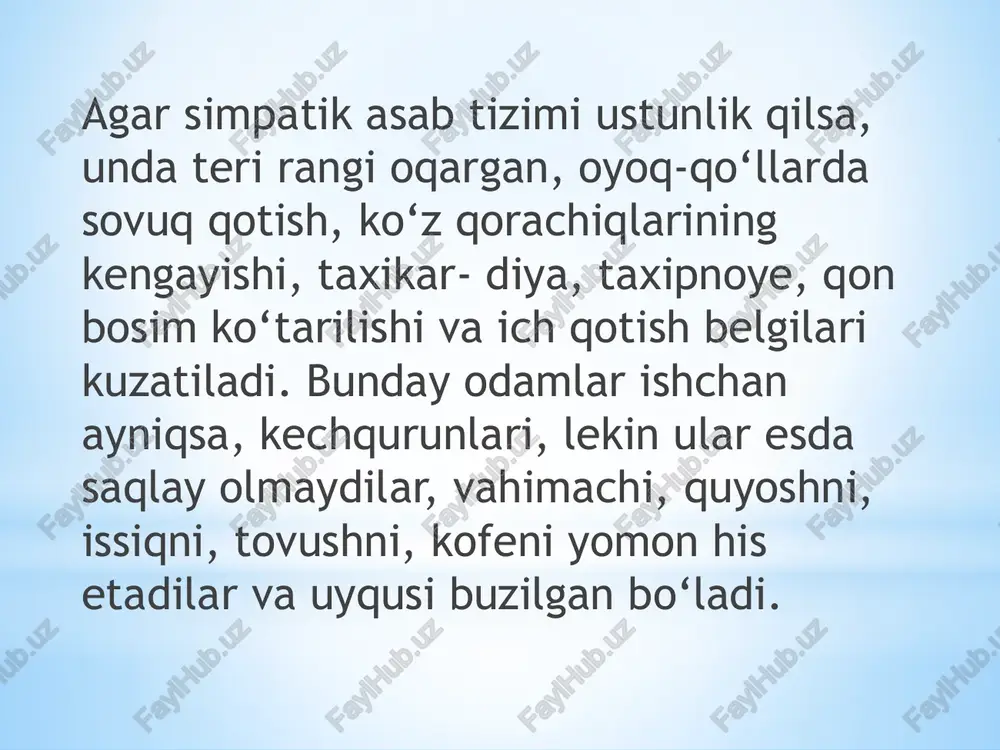 yotqizib qo‘yish, oyoqlariga issiq isitgichlar, ensa sohasiga xantal qo‘yish, issiq shirinchoy ichirish kerak. xuruj paytida bemorning ahvolini yaxshilash maqsadida boshiga iliq, ba’zi hollarda sovuq kompresslar qo‘yiladi. ba’zan boshni issiq suvga yuvish, ro‘mol bilan o‘rash, oyoqlarga issiq vannalar qabul qilish yaxshi yordam beradi. og‘riq qoldiruvchi dorilardan aspirin, baralgin, sitramon, tinchlantiruvchi dorilar; qontomirlarini kengaytiruvchi dorilar papaverin, no-shpa tavsiya etiladi. xuruj vaqtida glukoza 40 % 20 ml tomir ichiga yuboriladi, strofantin, vitamin b6, qusishga qarshi torekan 1,0 ml teri ostiga, sirukal, etaperazin, triftazin, galoperidol buyuriladi. image1.png image2.png /docprops/thumbnail.jpeg