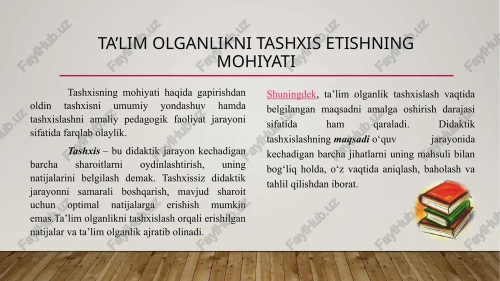 afzalliklarga ega bo‘ladi. birinchi navbatda, baholovchi fikrlar (ballar) qo‘llanishi mumkin bo‘lgan tashxislash natijalari shaxsning o‘z darajasini belgilashga ko‘maklashadi, bu esa raqobatli ta’lim sharoitlarini yaratishda muhim omil sanaladi. ta’lim (shuningdek, nazorat)ning ixtiyoriyligi tamoyili bilan boyitilgan baho o‘tmishda ko‘plab o‘quvchilar uchun majburiy ta’limning zaruriy vositasidan shaxsiy reyting – insonning jamiyatdagi mavqei ko‘rsatkichini tadrijiy aniqlash usuliga aylanadi. image2.png image3.png image4.png image5.png image6.png image7.png image8.png image9.png image10.png image1.jpg /docprops/thumbnail.jpeg