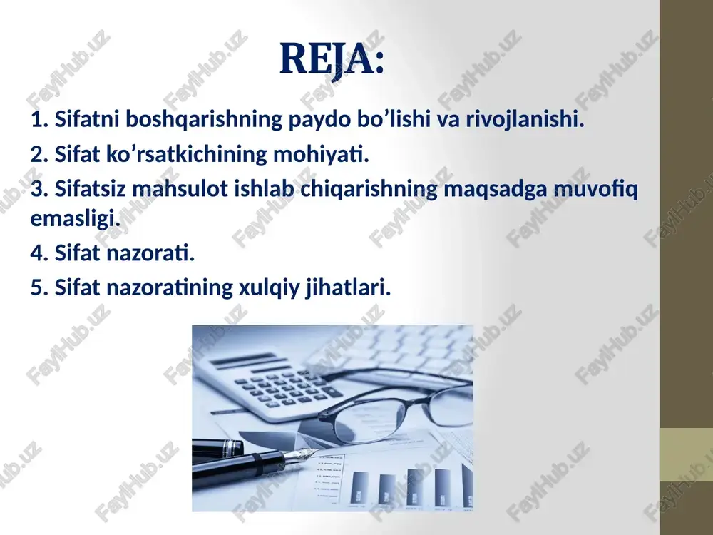 larga – xizmat ko’rsatish, savdo, kadrlar bilan ishlash, qarorlar qabul qilish sohalariga, yoki boshqacha aytganda, barcha boshqaruv sikliga ommalashdi. sifat ko’rsatkichining mohiyati xo’jalik yurituvchi subyektda ishlab chiqarilgan mahsulot sifati unga qo’yilgan talabni qondirish darajasi bilan belgilanib, texnik shart-sharoitlar ko’rinishida shakllanadi. lekin, mahsulot sifatini aniqlashdagi hal qiluvchi omil iste’molchi talablarini qondirish darajasi bilan belgilanadi. shuning uchun ham mahsulotning sifatini aniqlashda nafaqat uning texnik sharoitlarga muvofiqligi darajasini, balki tovarning taqsimlanishi, ishlab chiqarishdan va sotishdan keyingi xizmat jarayonini ham hisobga olish zarur. mahsulot ishlab chiqarish va sotishning barcha asosiy bosqichlari, shuningdek sotishdan keyingi davrdagi zaruriy texnik xizmatlar ham hisobga olinishi kerak. iste’molchi tomonidan birinchi navbatda e’tibor qaratiladigan jihat - mahsulot sifatining, uning bahosiga mos kelishidir. mahsulot sifati uning sotuv bozoridagi holatini va raqobatbardoshligini sezilarli darajada ta’minlab beradi. xo’jalik yurituvchi subyekt mahsuloti rentabelli (foydali) bo’lishi uchun, ya’ni mahsulot o’z ishlab chiqaruvchisiga u reja qilgan foyda miqdorini keltirishi uchun, iste’molchi tomonidan uning ishlab chiqarish xarajatlari …