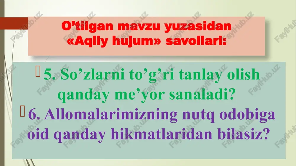 laydi olqish. 2. kumush qishdan, zumrad bahordan, qolishmaydi kuzning ziynati. 3. osh ichida tosh, tosh ichida osh. 4. podshoh yo’qlatsalar nogoh gado deb axtaring, tutmang hargiz nomimni, baxti qaro deb axtaring. 5. erursen shoh – agar ogohsen, sen, agar ogohsen, sen – shoh sen sen. 2-topshiriq. mazkur gaplarda qanday tasviriy vositalardan foydalanilganligini toping. 1. bunda qorning taglarida qish, bahor uchun so’zlaydi olqish (intoq). 2. kumush qishdan, zumrad bahordan, qolishmaydi kuzning ziynati (epitet). 3. osh ichida tosh, tosh ichida osh (tarse’). 4. podshoh yo’qlatsalar nogoh gado deb axtaring, tutmang hargiz nomimni, baxti qaro deb axtaring (tazod). 5. erursen shoh – agar ogohsen, sen, agar ogohsen, sen – shoh sen sen (tardi aks). uyga vazifa. «men sevgan asar» mavzusida matn yozish. image7.jpg image8.jpeg image3.png image4.png /docprops/thumbnail.jpeg
