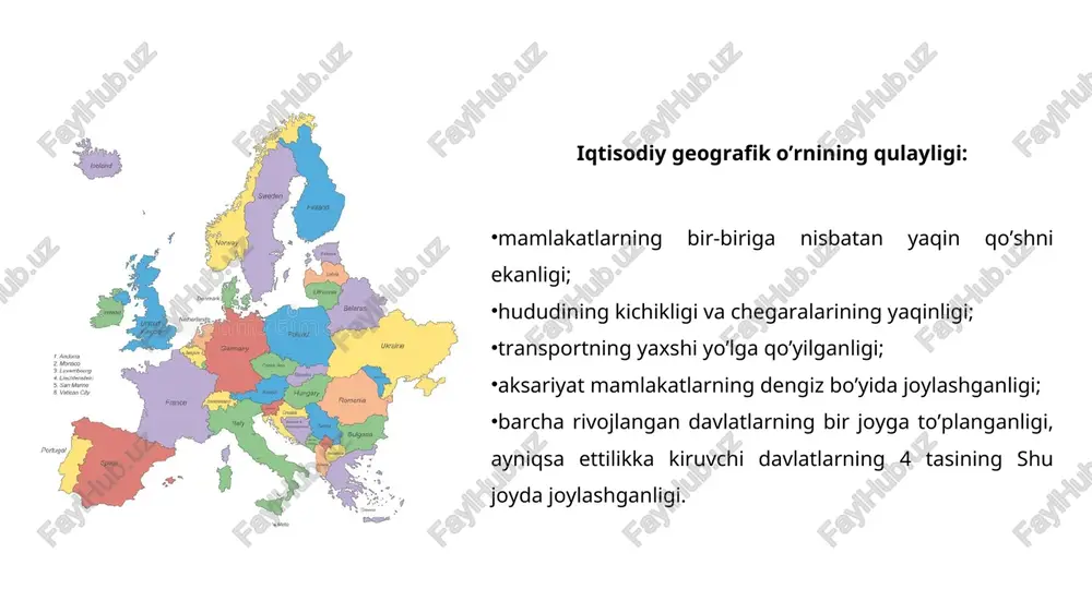 langan. shuningdek, yoqilg’i-energetika resurslaridan toshkoʻmir, qoʻng’ir koʻmir, neft, tabiiy gaz, gidroresurslari bilan yetarlicha ta‘minlangan. toshkoʻmirning asosiy yirik konlari germaniya (rur, saar) va buyuk britaniya ochilgan boʻlib, buyuk britaniya 190 mlrd tonnadan gfr salkam 300 mlrd tonnagacha zaxiraga ega. qoʻng’ir koʻmirning yirik konlari gfr va polshada (185 mlrd. tonna) joylashgan. yevropa qit‘asi neft va tabiiy gazning ulkan konlari shimoliy va norvegiya dengizlari shelflarida aniqlangan. neft va gazning katta asosiy qismini buyuk britaniya va norvegiya qazib oladi. neft va tabiiy gaz konlari niderlandiya, belgiya, ruminiya, fransiya, italiya mamlakatlarida ham qazib olinadi. yirik temir ruda konlari shvetsiya (kirunavara) va fransiya (lotaringiya) davlatlarida joylashgan. shuningdek, yevropa qit‘asida polsha, bolgariya, rumimyada mis-molibden, ruda konlari koʻp uchraydi. fransiya va gretsiyada yirik boksit, vengriyada nefelin konlari topilgan. simob rudalari italiya va ispaniyada qazib olinadi. yevropada, xususan, italiyadada oltingugurtning yirik konlardan hisoblanadi. aholisi keyingi vaqtlarda yevropa aholi juda sekin o’smoqda. bunga asosiy sabab regiondagi demografik siyosat murakkabdir. aholining …