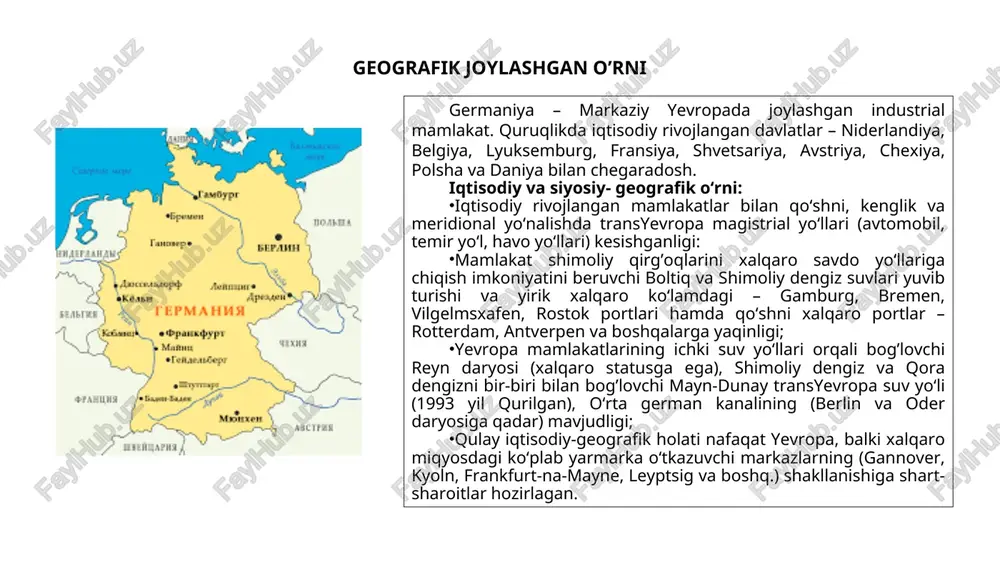 biga kirganligi rasmiylashtirilgan. natijada, gfr hududi gdr qoʻshilgandan soʻng 43% ga va aholisi 27% koʻpaydi. germaniya parlamentar respublika. siyosiy-ma‘muriy tuzilishi federatsiya shaklida boʻlib, 16 federal yerlardan iborat. yerlar okruglarga, tumanlarga va jamoalarga boʻlinadi. amaldagi konstitutsiyaga koʻra federativ respublika. davlat boshlig’i – federal prezident. ijro etuvchi hukumatni federal kansler boshqaradi. qonun chiqaruvchi hokimiyatni parlament amalga oshiradi. u ikki palata: bundestag va bundestratdan iborat. har bir yerning oʻz konstitutsiyasi, parlamenti va hukumati mavjud. aholisi ikki german davlatining qoʻshilishi tufayli aholi soni jihatidan g’arbiy yevropada 1-oʻringa chiqdi. gfr xx asrda ikki jahon urushini boshidan kechirdi va koʻp aholi yoʻqotdi. bugungi kunda tabiiy oʻsish koeffitsenti-0,2%, tug’ilish koeffitsenti 8/1000 va oʻlim koeffitsenti 10/1000 boʻlib, millatning qarish tendentsiyasi xosdir. oʻrtacha umr koʻrish 79 yosh (erkaklarda 77 yosh va ayollarda 82 yosh). aholining oʻrtacha zichligi bir km2 ga 230 kishidan toʻg’ri keladi. xoʻjaligi gfr dunyo iqtisodiyotining «lokomativi» sifatida iqtisodiy rivojlanish sur‘atlari va koʻlami, salohiyati, jahon ishlab chiqarishidagi …