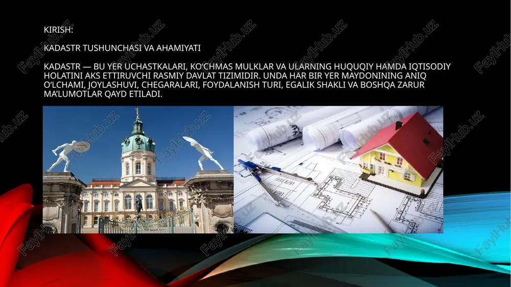 ydalanmoqda. huquqiy kuch: germaniyada kadastr ma’lumotlari nafaqat texnik, balki huquqiy asos sifatida ham qabul qilinadi. bu jihat ko‘plab davlatlarda mavjud emas. raqamlashtirishda yetakchilik: alkis tizimi orqali germaniya kadastri to‘liq elektronlashtirilgan va davlat organlari o‘rtasida integratsiyalashgan. xalqaro tashkilotlarda faol ishtirok: germaniya kadastr tizimi fig (xalqaro geodezistlar federatsiyasi) va inspire (yevropa ittifoqi geoaxborot tashabbusi) kabi xalqaro platformalarda muhim rol o‘ynaydi. investitsiya muhitiga hissa: aniqlik va ishonchlilik sababli germaniya kadastri xalqaro investitsiyalar, qurilish loyihalari va yer bozorida ishonchli asos vazifasini bajaradi. . . germaniya kadastr tizimini tashkil etilishi va boshqaruvi germaniya federativ davlat bo‘lgani uchun kadastr tizimining tashkil etilishi va boshqaruvi ham markazlashmagan holda, ya’ni federal yerlar (shtatlar) darajasida amalga oshiriladi. biroq, barcha tizim yagona standart asosida ishlaydi va umumiy davlat nazoratida bo‘ladi. 1. federal tuzilma germaniyada 16 ta federal yer mavjud bo‘lib, har birida kadastr idoralari faoliyat yuritadi. ular yer maydonlarini o‘lchash, chegaralarni aniqlash, kadastr xaritalarini tuzish va ma’lumotlarni yangilash bilan shug‘ullanadi. …