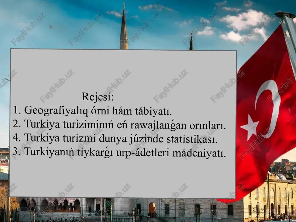 etip turadı. kappadokiya (turk. kapadokya) - turkiyadagı oraylıq anadoludaģı ayga uqsas ózine tán landshaftı, jer astı qalaları, úńgir shirkewleri hám taslarga oyılǵan úyleri menen belgili bolgan aymaq.túrkiyanıń anadolu wálayatınıń orayında jaylasqan kappadokiya úlkesi, onıń mıń jıllar dawamındaǵı jawın-shashınlardıń jemiriwi nátiyjesinde payda bolǵan oypatlıqları, kanyonları, tóbelikleri hám ájayıp taw jınısları, erjiyes, melendiz hám hasan vulkanlı tawları arasında jaylasqan lava menen qaplanǵan tegisligi, taw jınıslarınan oyıp islengen troglodit úyleri hám jer astınan qazıp shıǵarılǵan qalaları ózgeshe kóriniske iye bolǵan turistlik orın. kappadokiya. geologiyalıq dáwirlerde hárekettegi vulkanlar bolgan bul tawlardıń atılıwı 2 mln. jıl aldın dawam etken. tawlar menen qorshalgan oypatlıqta shiqqan lavalar tárepinen qalınlıǵı 150 m bolgan jumsaq tuf qatlamı payda bolgan. dáryalar, oypatlıqlardıń janbawırlarınan aqqan tasqın suwlar hám kúshli samallar tegisliklerdegi tuflardan ibarat geologiyalıq jınıslardı jemirip jiberdi. qız minárası. qız minárası bul túristlik obyekt turkiyanıń eń kóp baratuǵın obektlerden biri bolıp tabıladı. qız qalası (qız minarası) (turk. kız kulesi) - orta …