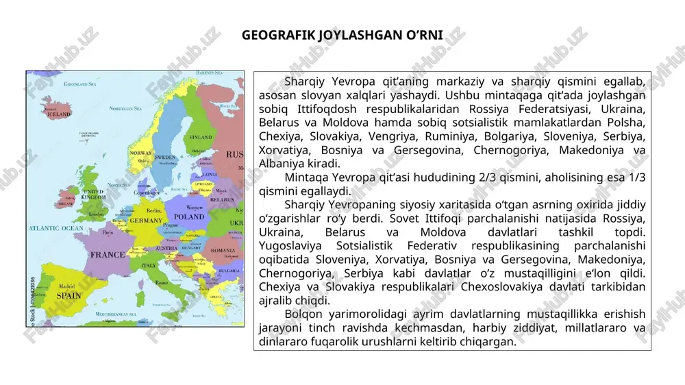 mamlakatlar oʻtish iqtisodiyotidagi davlatlar safiga kiritilgan boʻlsada, sloveniya, chexiya, vengriya, slovakiya, xorvatiya, polsha kabi davlatlarning aksariyat iqtisodiy koʻrsatkichlari yevropadagi rivojlangan davlatlar pog’onasiga yaqinlashgan, albaniya, makedoniya, moldovaning ijtimoiy-iqtisodiy koʻrsatkichlari esa birmuncha past boʻlib, koʻproq rivojlanayotgan mamlakatlarning darajasiga tortadi. sharqiy yevropa mamlakatlarining xalqaro ixtisoslashuvi asosan koʻp tarmoqli sanoat, jumladan, yoqilg’i energetika (rossiya, polsha, chexiya, ruminiya), qora metallurgiya (rossiya, ukraina, polsha, serbiya, chernogoriya), rangli metallurgiya (serbiya, chernogoriya, albaniya), kimyo (rossiya, belarus, ukraina, polsha), mashinasozlik (rossiya, ukraina, belarus, polsha, chexiya, slovakiya, vengriya, sloveniya), yengil sanoati (rossiya, polsha, chexiya), oziq-ovqat (chexiya, ukraina, bolgariya, serbiya, ruminiya, makedoniya, moldova) ishlab chiqarishlari bilan belgilanadi. ba‘zi davlatlar dehqonchilik va chorvachilik mahsulotlarining eksporti bilan ham ajralib turadi (vengriya, polsha, serbiya, bolgariya). koʻp davlatlari uchun turizm sohasi ham muhim daromad manbayi hisoblanadi. iqtisodiyotning bu tarmog’i, ayniqsa, bolgariya, ruminiya, chexiya, slovakiya, xorvatiya, chernogoriya, sloveniya, vengriya kabi davlatlar uchun katta ahamiyat kasb etadi. qishloq xo’jaligi qishloq xo‘jaligi mahsulotlari ishlab chiqarish hajmi, odatda, mintaqa …