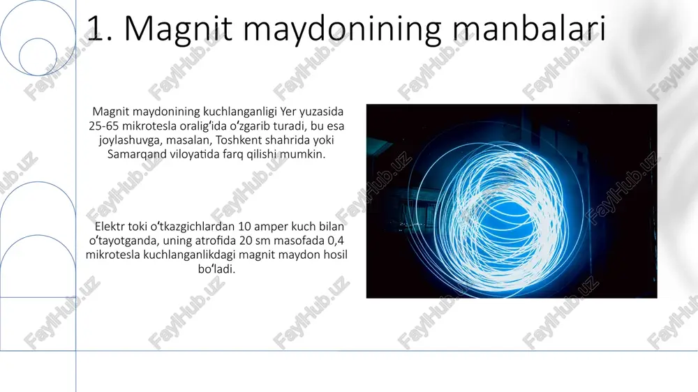 lda andre-mari amper tomonidan tasvirlangan. magnit induktsiyasining miqdori, tesla (tl) bilan o'lchanadi, 1 tl 1 n/(a·m) ga teng bo'lib, bu nyuton kuchini amper-metr bilan bo'lish orqali hisoblanadi, masalan, 10 tl maydondagi kuchni hisoblash mumkin. 10. magnit maydonini o'lchash usullari magnit maydon kuchlanganligini aniqlashda 3 o'q bo'yicha o'lchov o'tkazish kerak, bu aniqroq natijalar olishga, masalan, 0,1 mt aniqlikka imkon beradi. bu usul, xususan, radiotexnika va elektronika sohasida, samarqanddagi institutlarda qo'llaniladi. magnit maydonini o'lchashning gaussmetr usuli 0-1000 gs diapazonidagi maydonlarni aniqlashga imkon beradi va ko'plab sanoat korxonalari, masalan, toshkentdagi "uzavtosanoat"da qo'llaniladi. 11.elektr ta'minoti magnit maydoni tushunchasi 10 kv kuchlanishli elektr uzatish liniyalari atrofidagi magnit maydonining intensivligi, masofaga bog'liq holda, 1-10 mt oralig'ida o'zgarib turishi mumkin va bu samarkand viloyatida o'tkazilgan tadqiqotlar natijalarida tasdiqlangan. elektr transformatorlari yaqinida hosil bo'ladigan magnit maydonining kuchlanganligi, quvvatga va qurilmaning turiga bog'liq holda, 10 dan 100 mt gacha yetishi mumkin, bu esa farg'ona shahridagi sanoat korxonalarida kuzatilgan. 12.bio-savar-laplas …