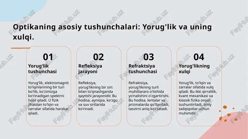 i, ularning massasi yo'q, lekin energiyaga ega. ularning harakati klassik mexanikaga qarshi keladigan xatti-harakatlar ko'rsatadi. 3 dualizm tushunchasi to'lqin-zarralar dualizmi, yorug'likning to'lqin va zarracha sifatida harakat qilishi nazariyasidir. bu, yorug'likning oddiy xulqini tushunishga yordam beradi. refleksiya va refraksiya: yorug'likning yo'lini o'zgartirishi. refleksiya tushunchasi refleksiya — yorug'likning bir sirtga urilishi natijasida yo'nalishini o'zgartirishi. bu hodisa ko'zimizga tasvirni yetkazadi. refraktsiya tushunchasi refraktsiya — yorug'likning bir muhitdan ikkinchi muhitga o'tganda tezlik va yo'nalishini o'zgartirishi. bu hodisa optik asboblarda muhim ahamiyatga ega. refleksiya qonunlari refleksiya qonunlari: kiruvchi yorug'lik nuri, reflektor sirtiga perpendikulyar tayinlangan nuqtada burchaklar o'zaro teng. bu xulqiyat asosiy printsiplardan biridir. refraktsiya qonunlari refraktsiya qonunlari: snelli qonuni asosida, yorug'likning kirishi va chiqishi burchaklari muhitlarning optik zichligiga bog'liq. bu hodisa ko'plab amaliyotlarda qo'llaniladi. yorug'lik va rang: spektral tahlil va uning ahamiyati. 1 yorug'lik spektri yorug'lik spektri, turli to'lqin uzunliklariga ega bo'lgan yorug'likning tasnifi. har bir rang o'ziga xos energiya va ko'rish imkoniyatiga ega. 2 …